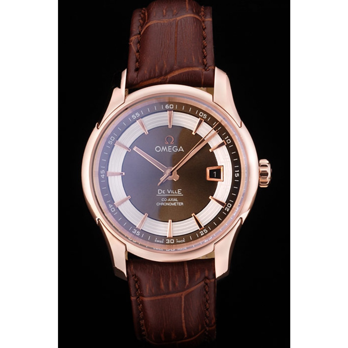 Omega Swiss DeVille Rose Gold Bezel Brown Leather Strap 7614