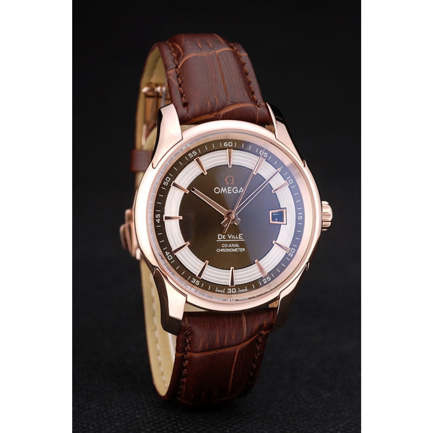 Omega Swiss DeVille Rose Gold Bezel Brown Leather Strap 7614