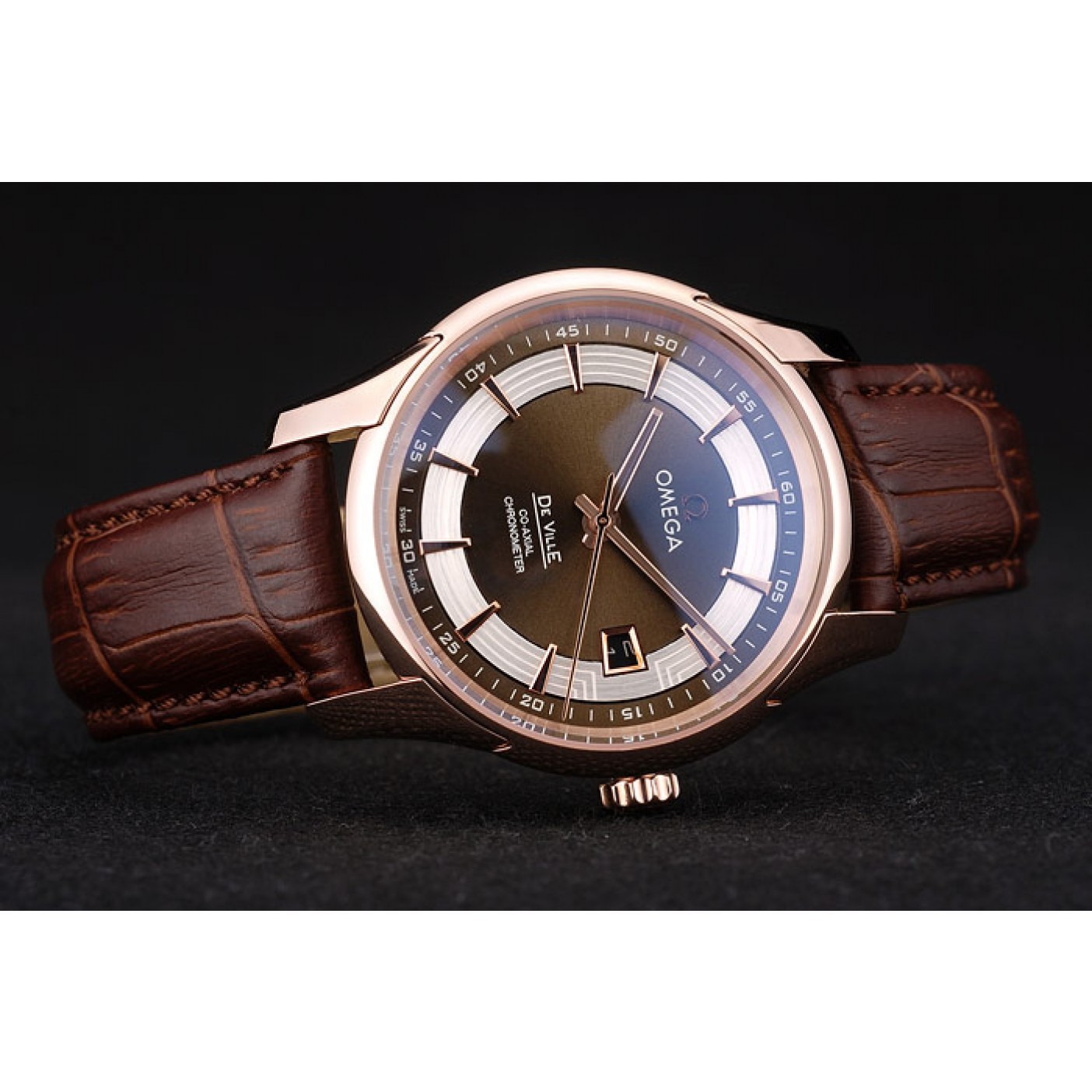 Omega Swiss DeVille Rose Gold Bezel Brown Leather Strap 7614