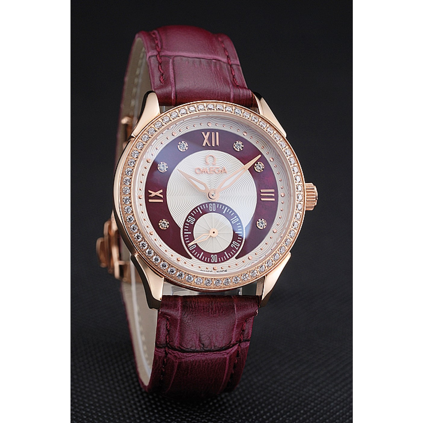 Omega DeVille Prestige Dark Red Dial Gold Diamond Case Dark Red Leather Bracelet 1454125