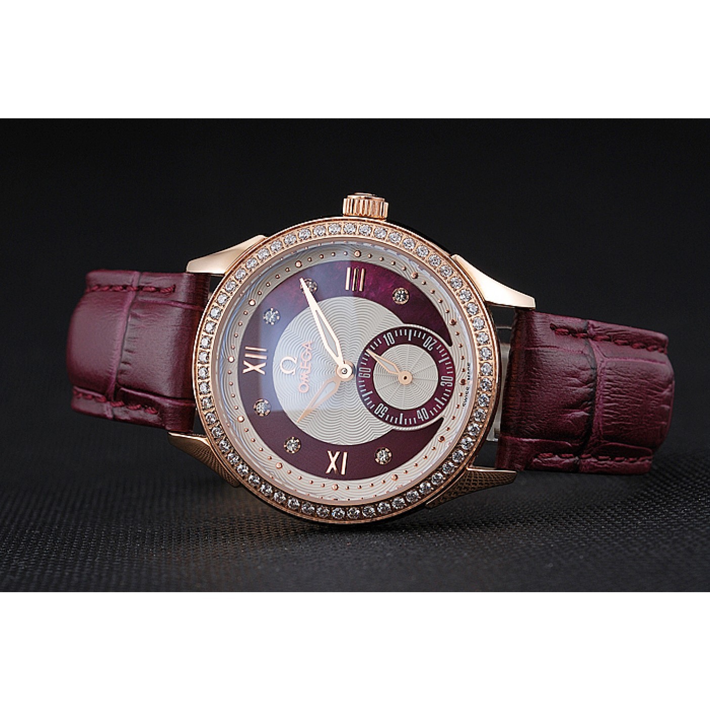 Omega DeVille Prestige Dark Red Dial Gold Diamond Case Dark Red Leather Bracelet 1454125