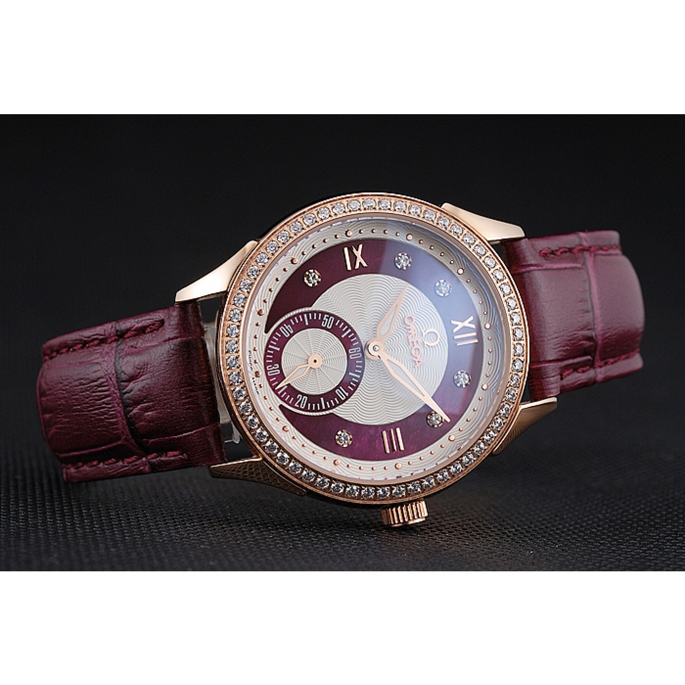 Omega DeVille Prestige Dark Red Dial Gold Diamond Case Dark Red Leather Bracelet 1454125