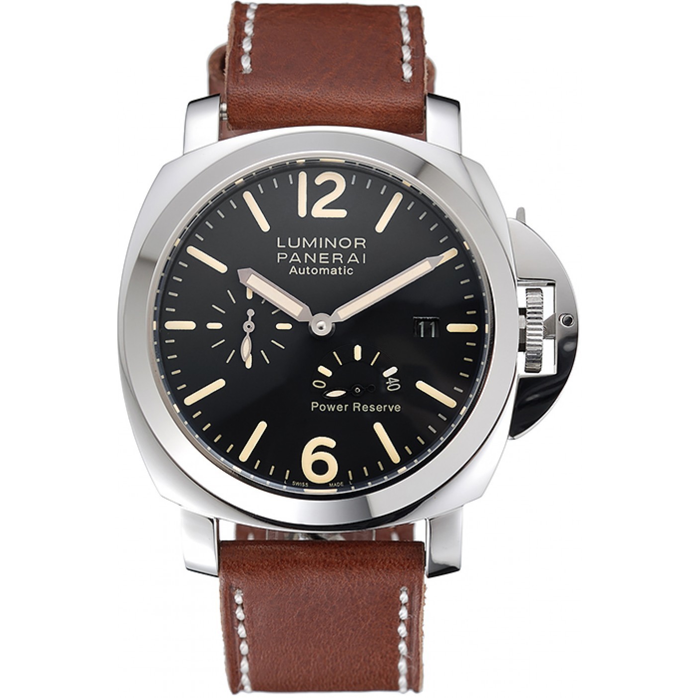 Panerai Luminor Automatic Power Reserve Black Dial Stainless Steel Case Brown Leather Strap