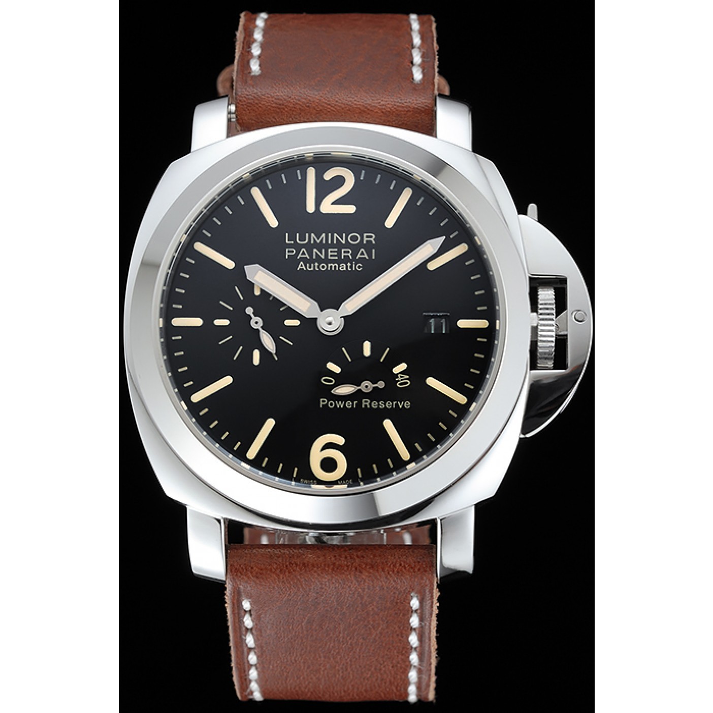 Panerai Luminor Automatic Power Reserve Black Dial Stainless Steel Case Brown Leather Strap