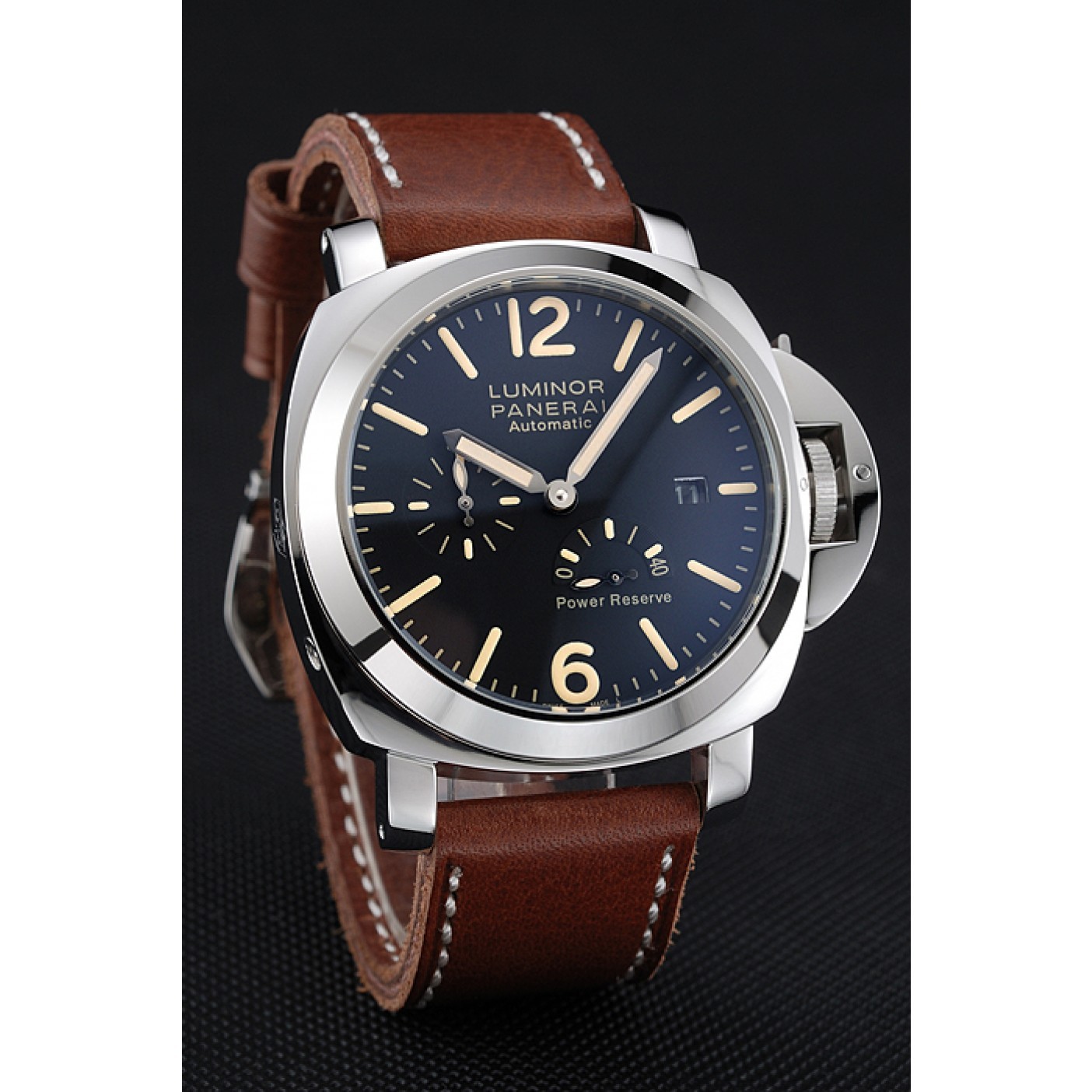 Panerai Luminor Automatic Power Reserve Black Dial Stainless Steel Case Brown Leather Strap