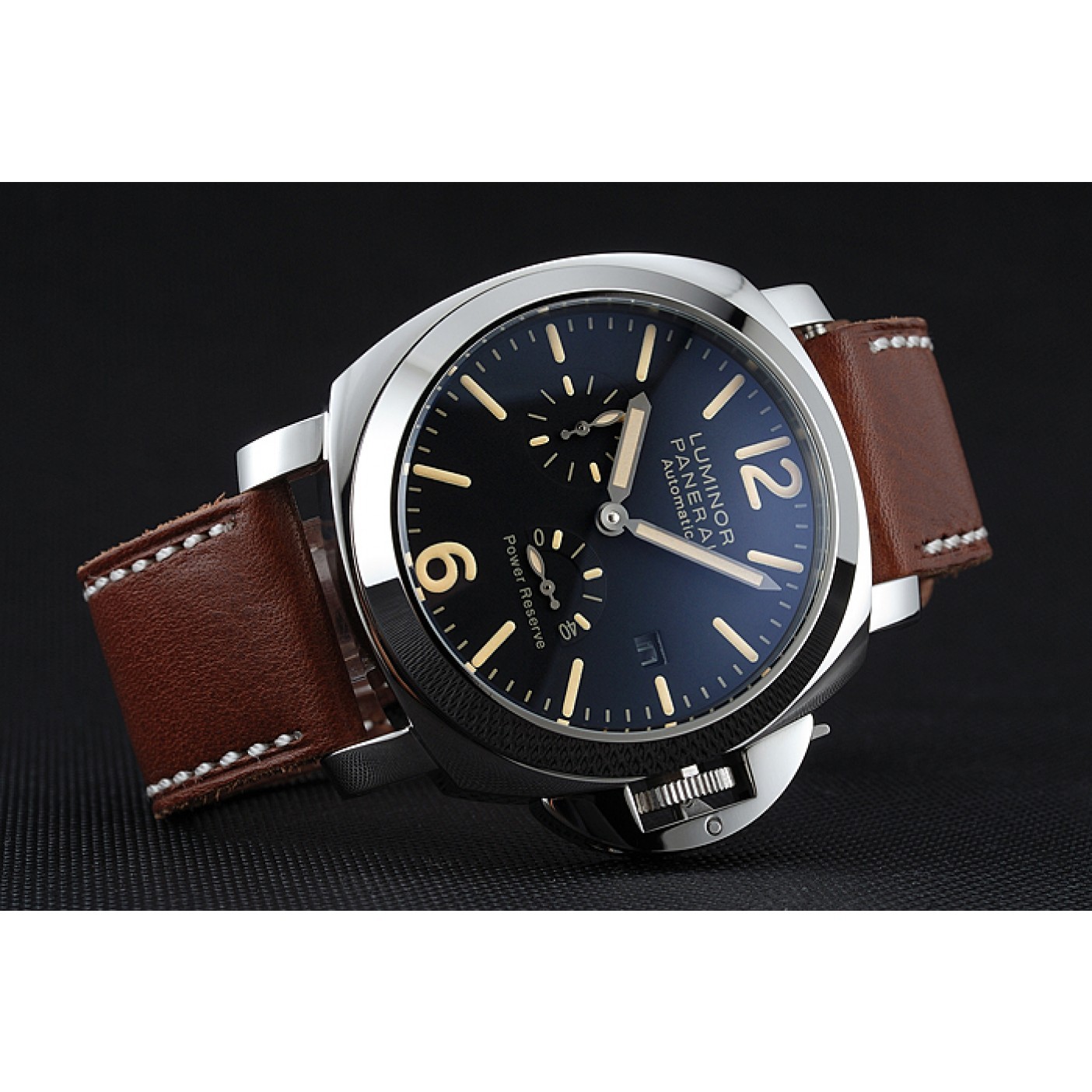 Panerai Luminor Automatic Power Reserve Black Dial Stainless Steel Case Brown Leather Strap