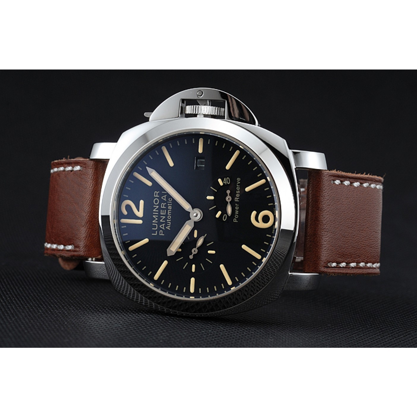 Panerai Luminor Automatic Power Reserve Black Dial Stainless Steel Case Brown Leather Strap