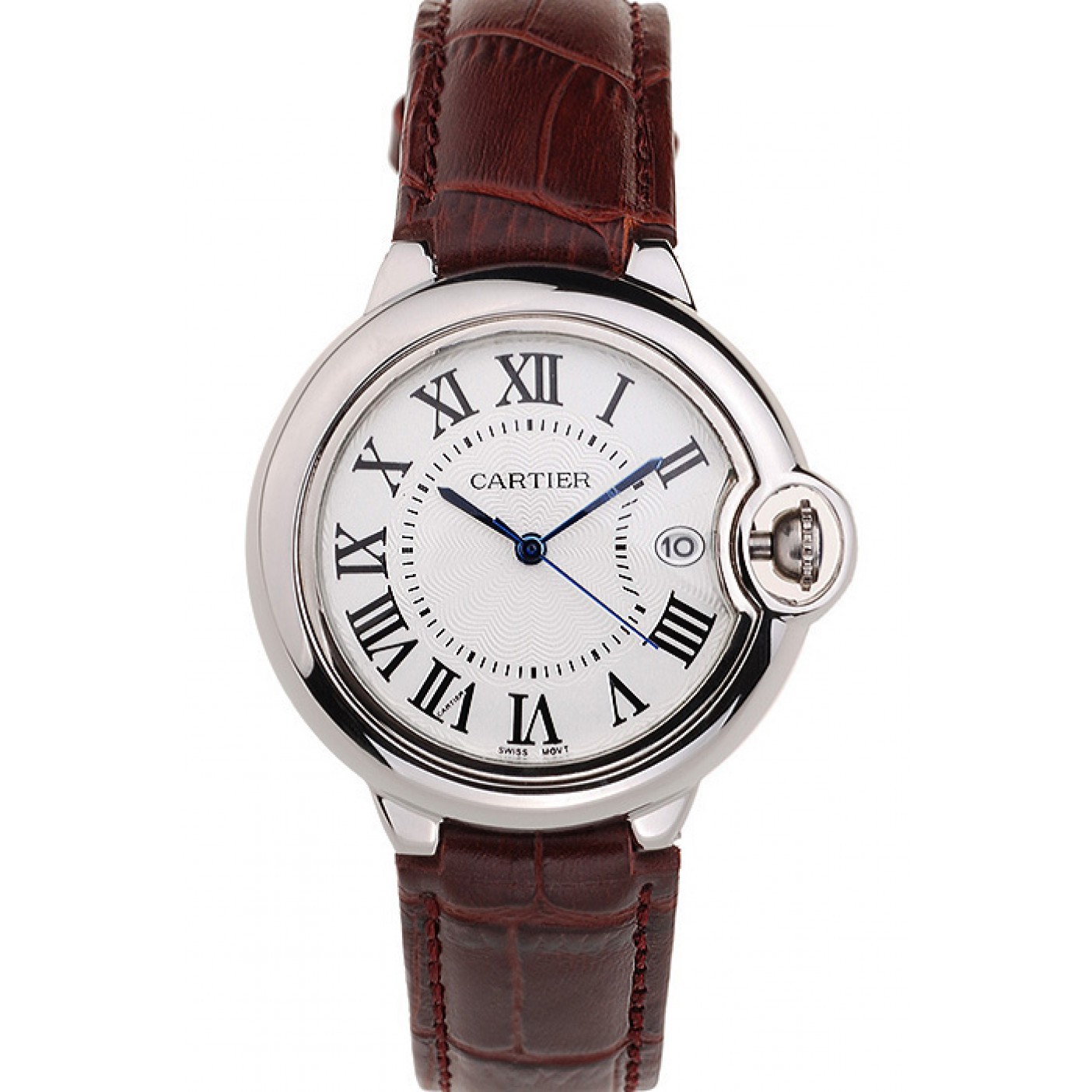 Cartier Ballon Bleu 42mm White Dial Stainless Steel Case Brown Leather Bracelet