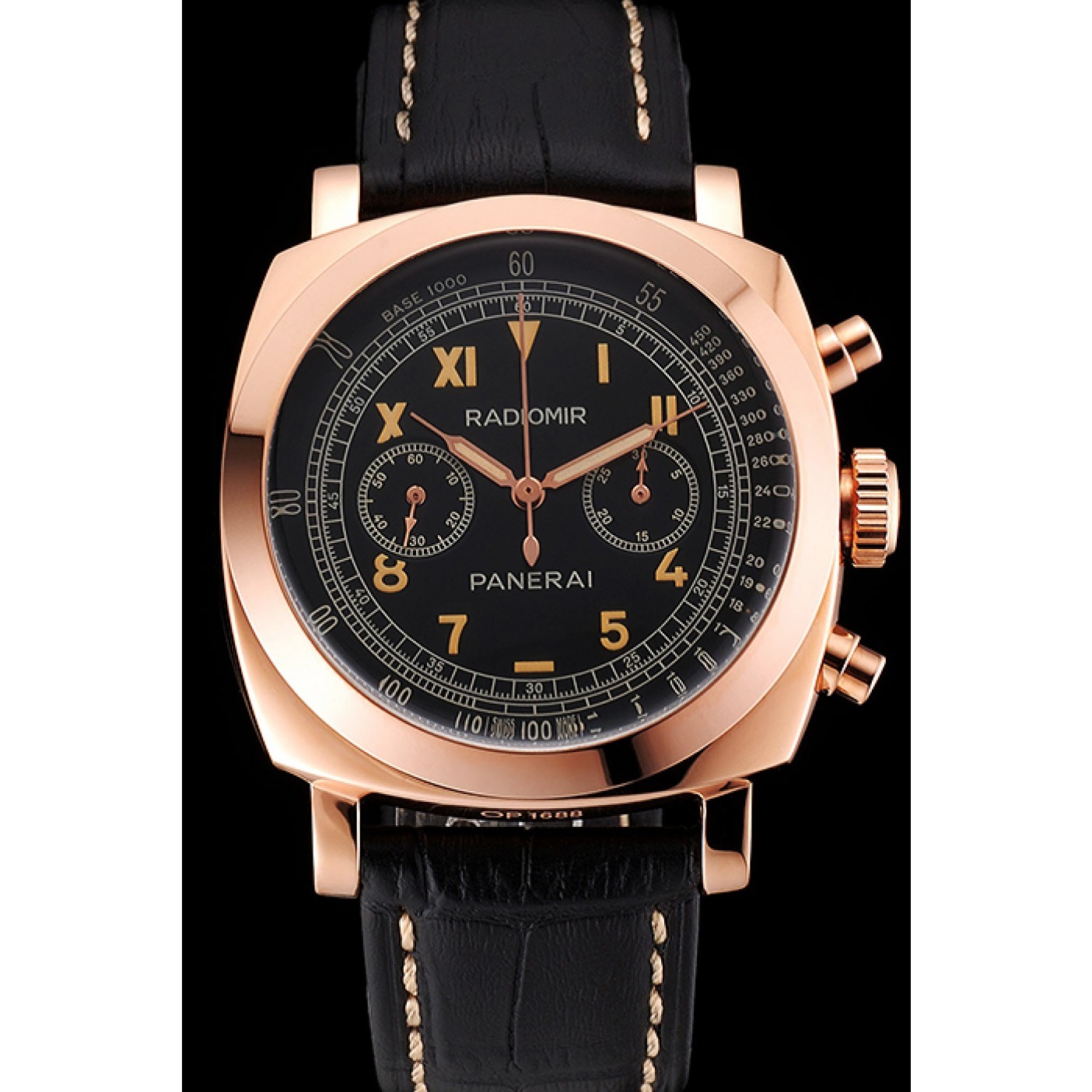 Swiss Panerai Radiomir 1940 Chronograph Black Dial Rose Gold Case Black Leather Strap