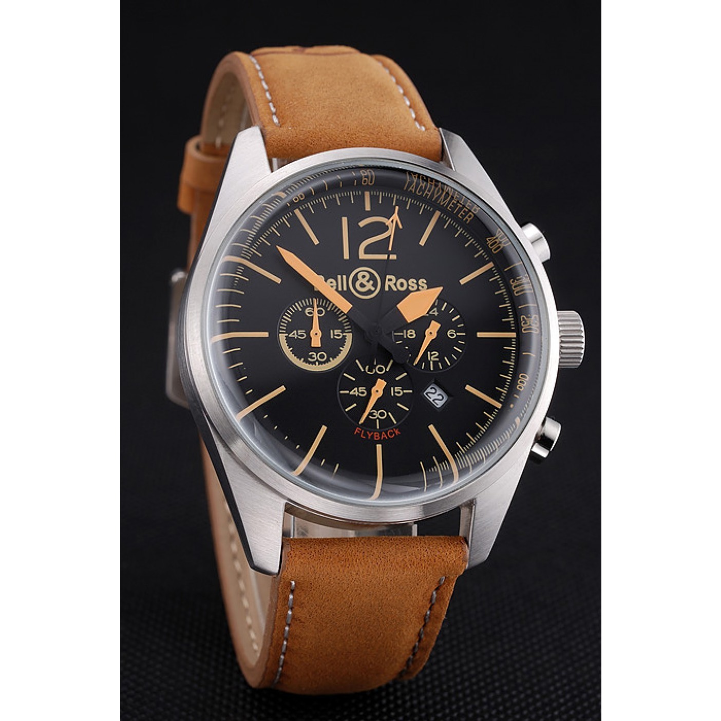 Bell and Ross BR126 Flyback Black Dial Silver Case Gold Numerals Brown Suede Leather Strap