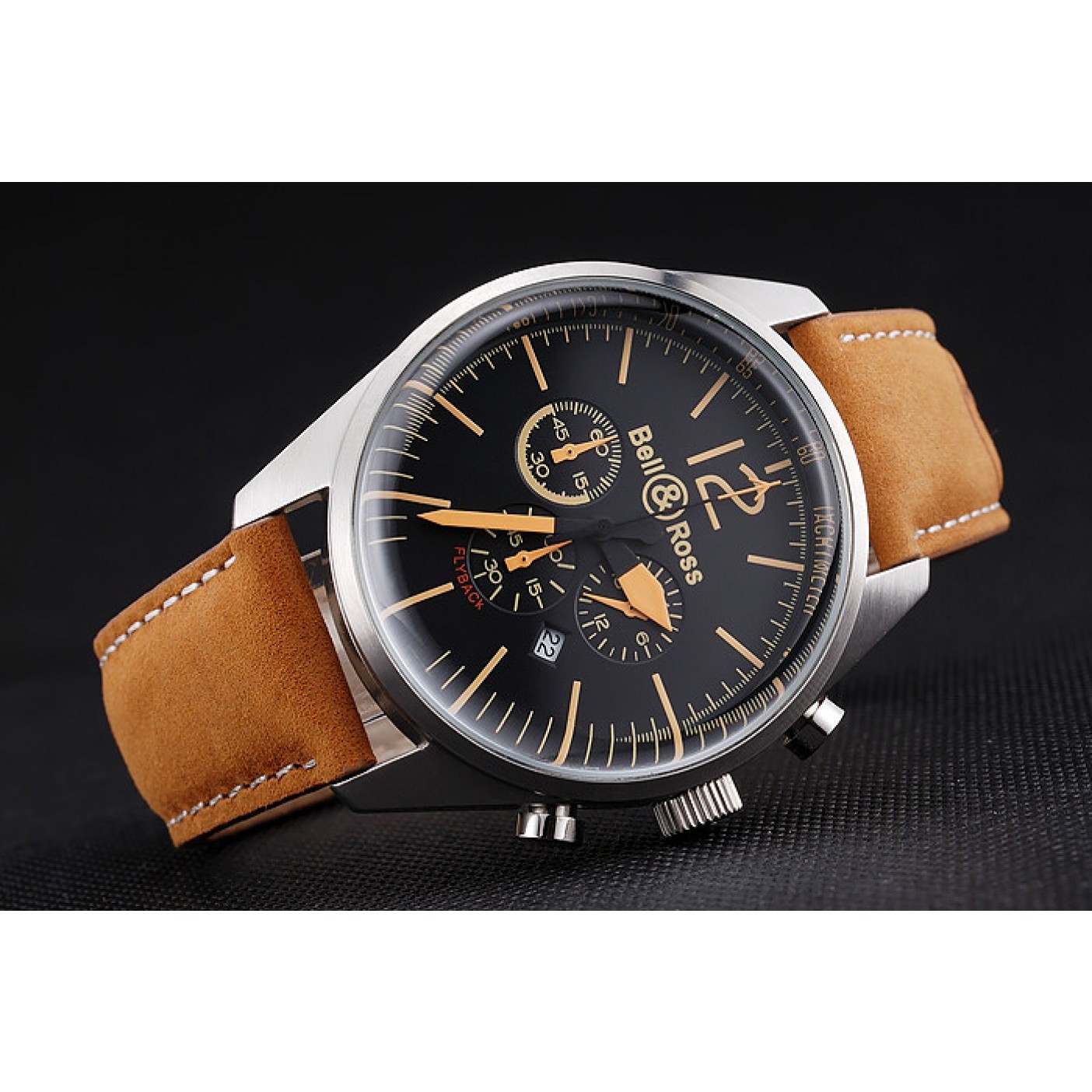 Bell and Ross BR126 Flyback Black Dial Silver Case Gold Numerals Brown Suede Leather Strap