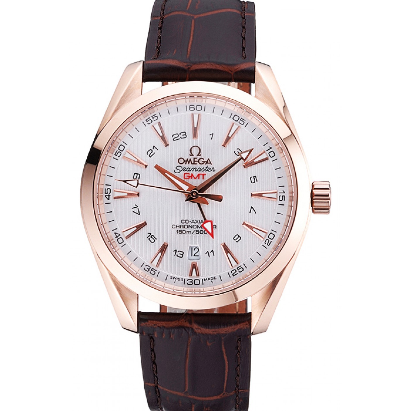 Omega Seamaster Planet Ocean GMT White Dial Rose Gold Case Brown Leather Band 622400