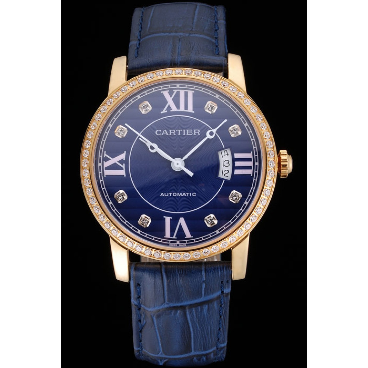 Swiss Cartier Ronde Solo Blue Dial Gold Diamond Case Blue Leather Strap