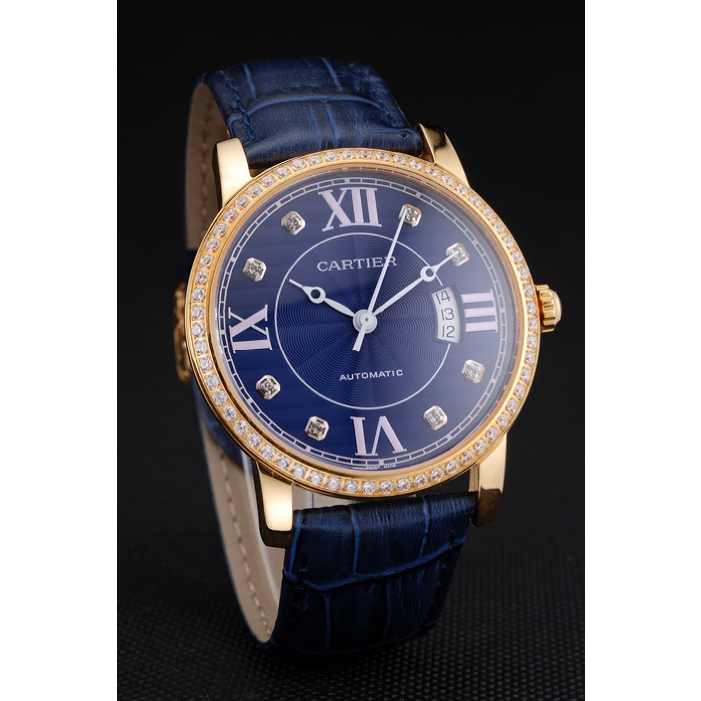 Swiss Cartier Ronde Solo Blue Dial Gold Diamond Case Blue Leather Strap