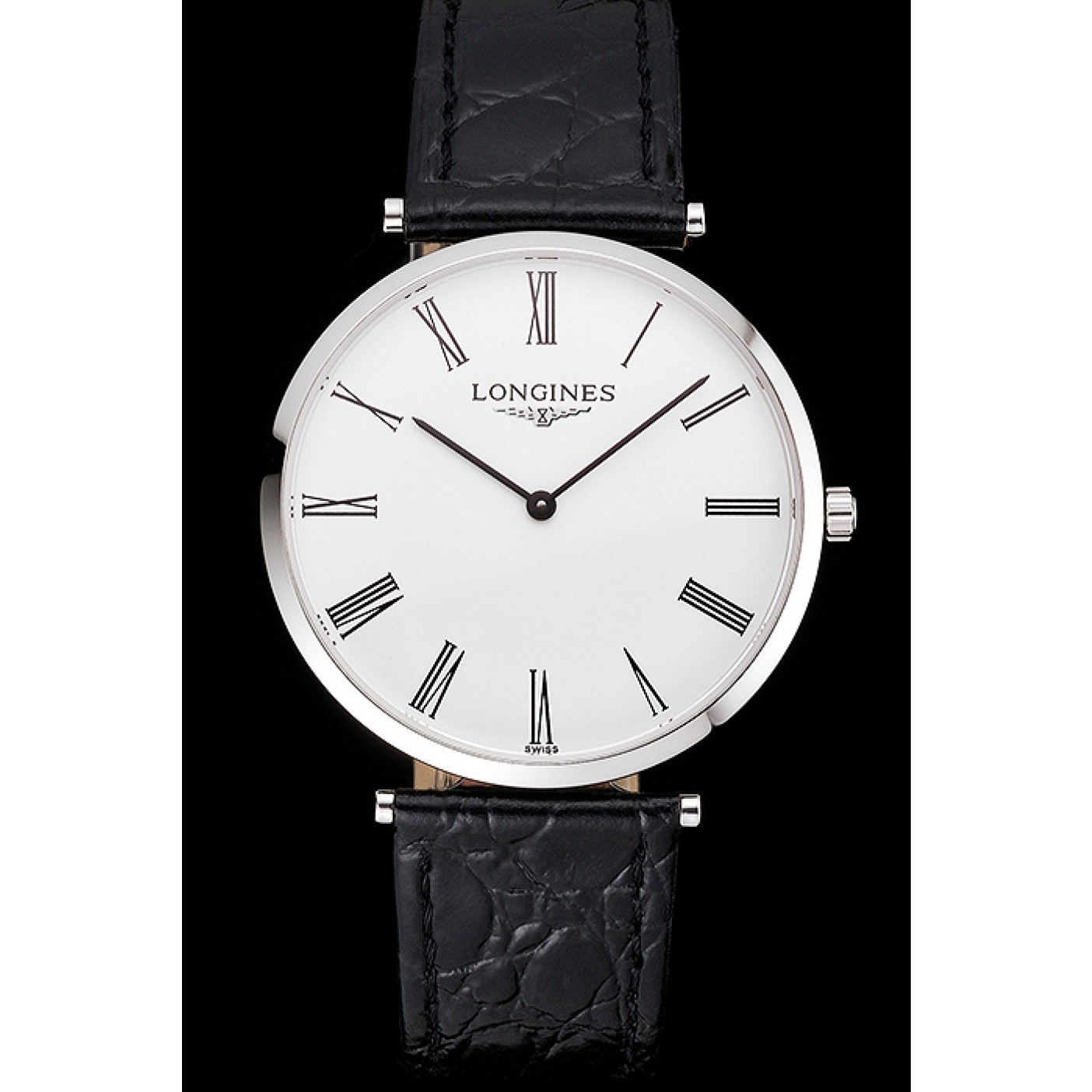 Swiss Longines Grande Classique White Dial Roman Numerals Stainless Steel Case Black Leather Strap