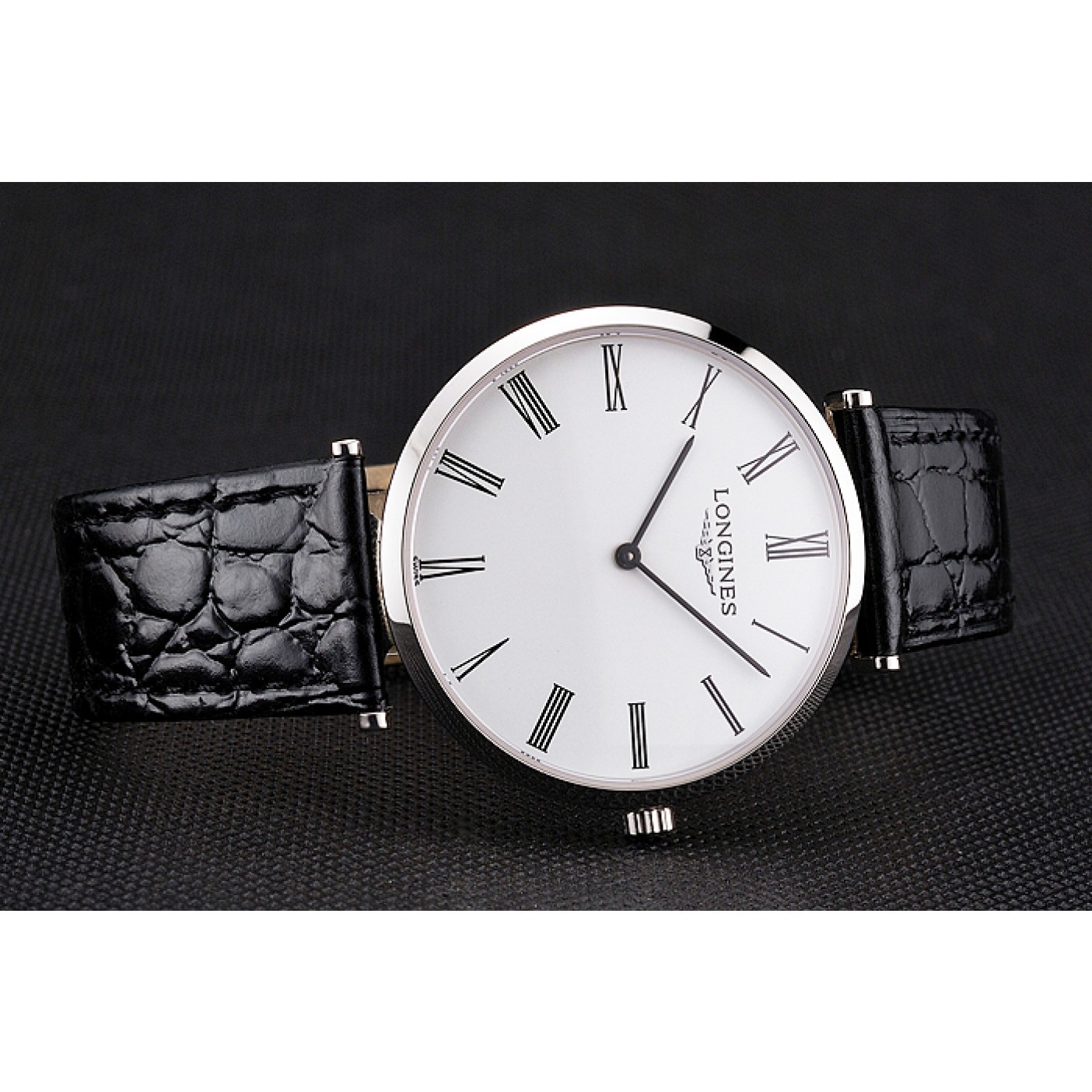 Swiss Longines Grande Classique White Dial Roman Numerals Stainless Steel Case Black Leather Strap