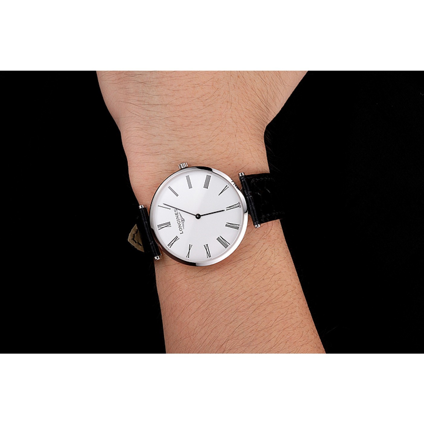 Swiss Longines Grande Classique White Dial Roman Numerals Stainless Steel Case Black Leather Strap