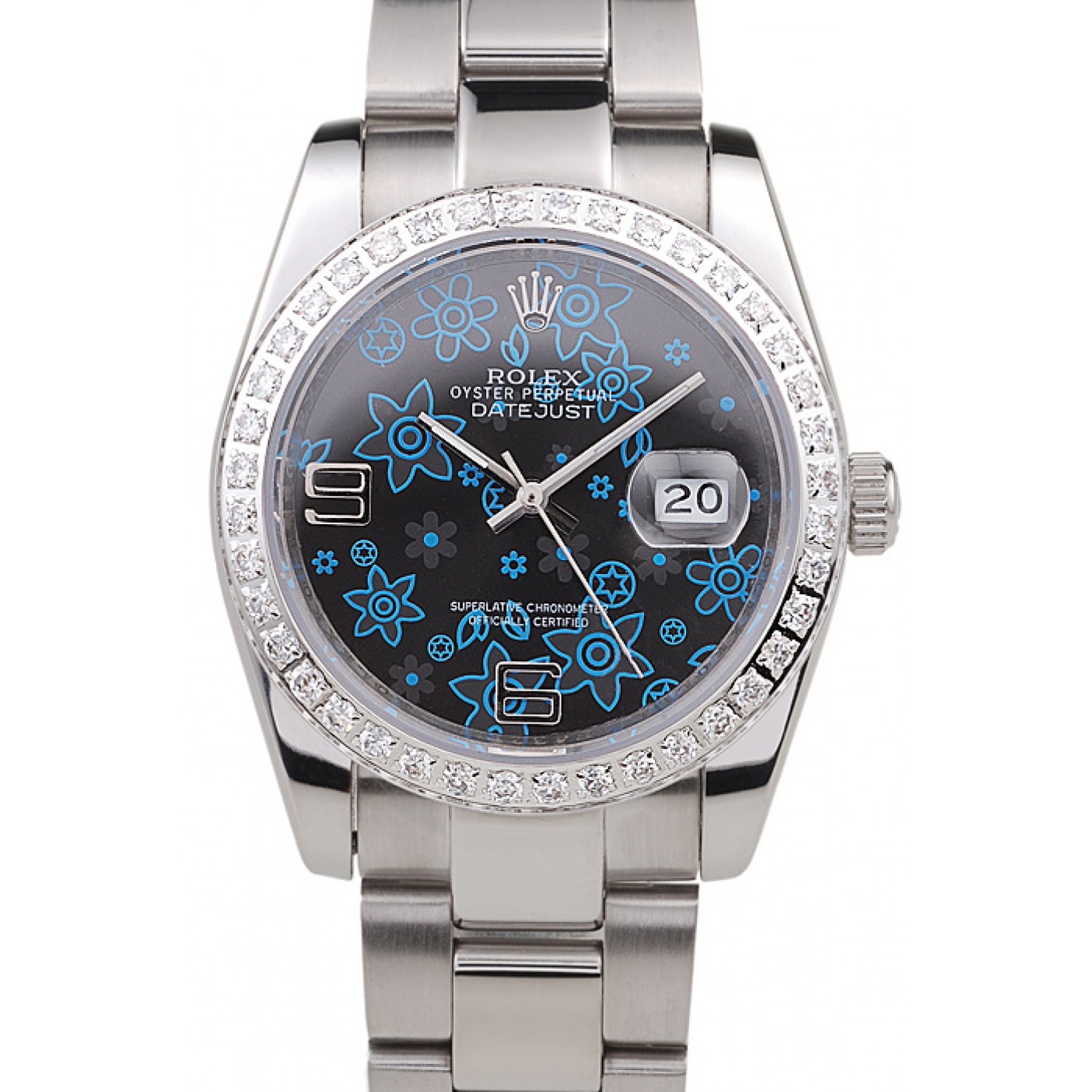 RepTime Watches Rolex Datejust Polished Stainless Steel Dark Blue Flowers Dial Diamond Plated