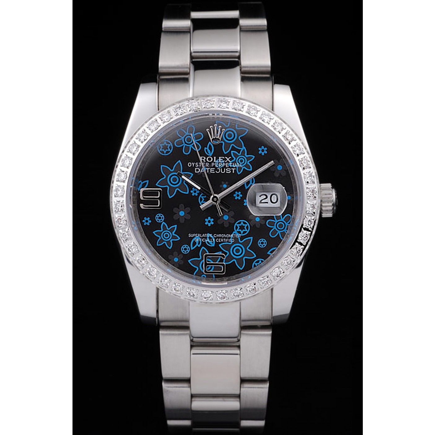 RepTime Watches Rolex Datejust Polished Stainless Steel Dark Blue Flowers Dial Diamond Plated