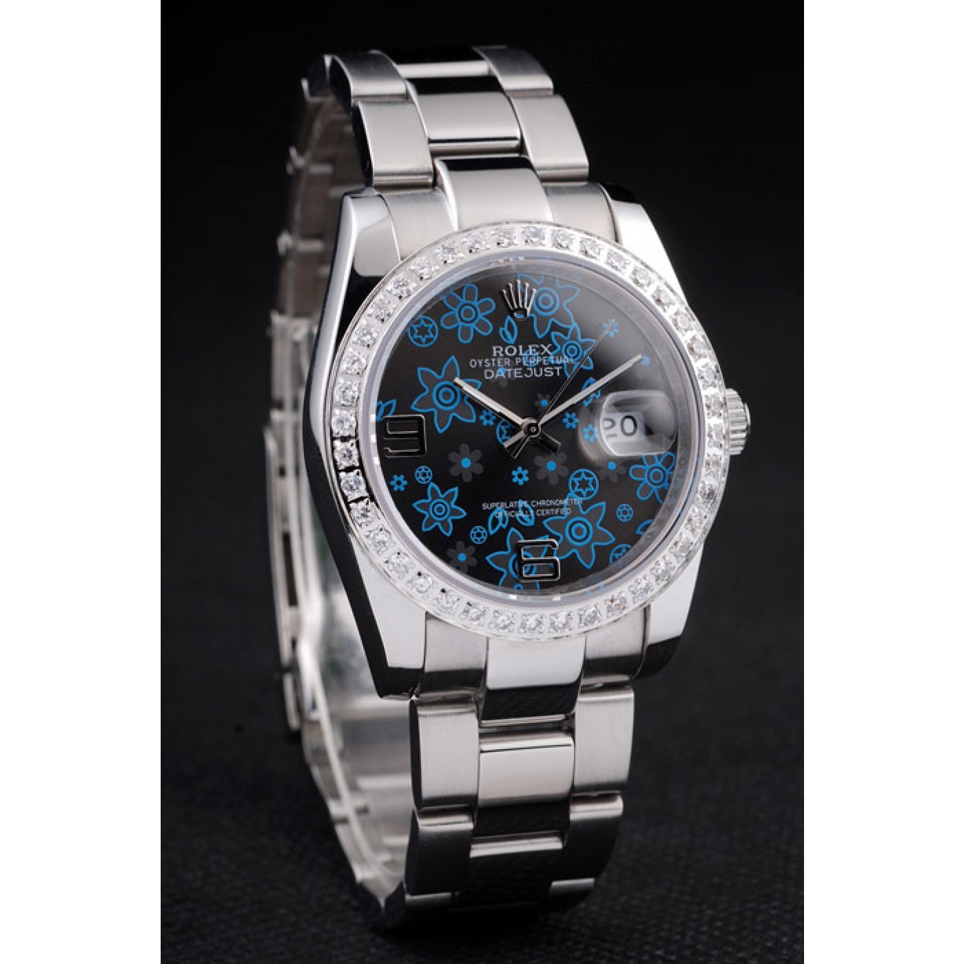 RepTime Watches Rolex Datejust Polished Stainless Steel Dark Blue Flowers Dial Diamond Plated