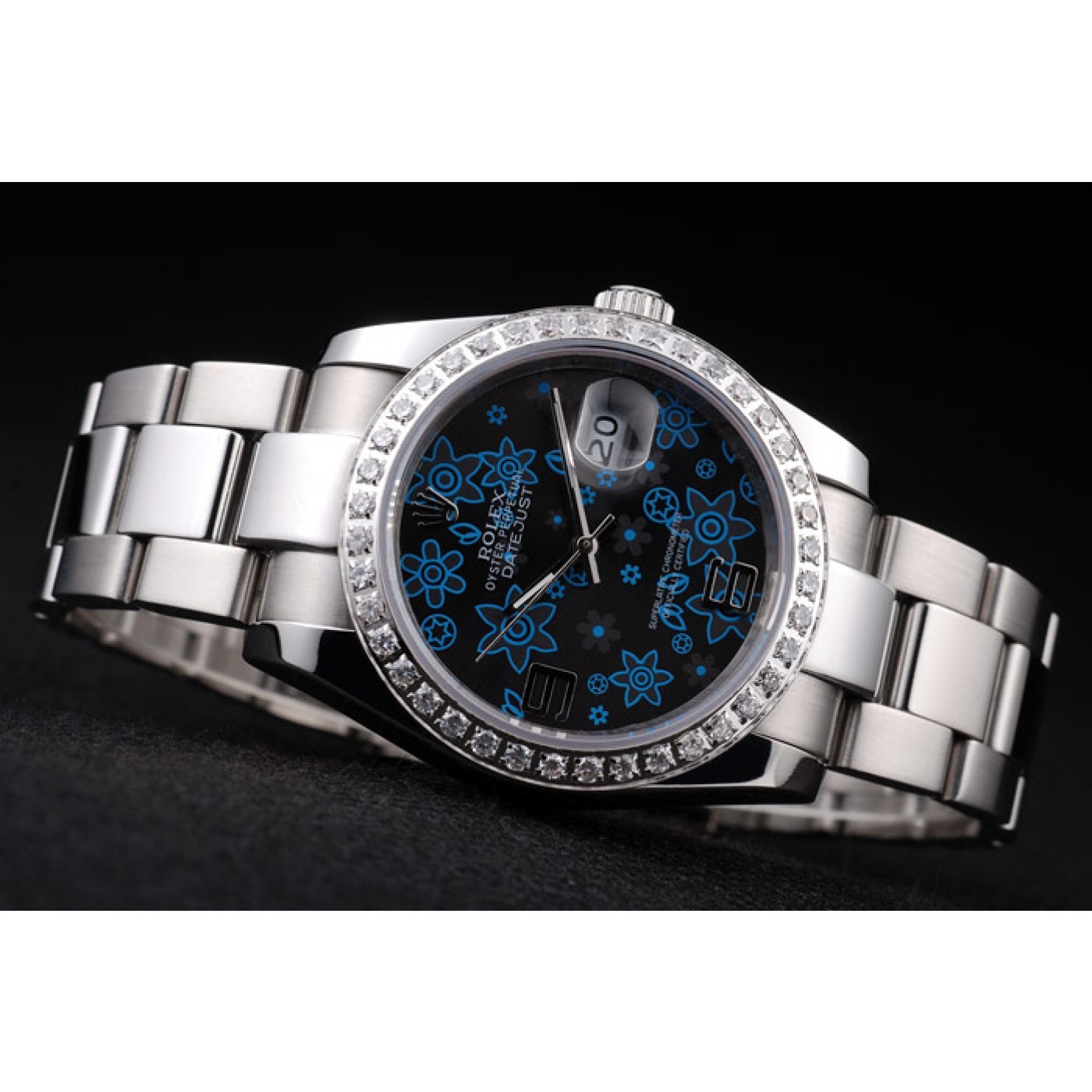 RepTime Watches Rolex Datejust Polished Stainless Steel Dark Blue Flowers Dial Diamond Plated