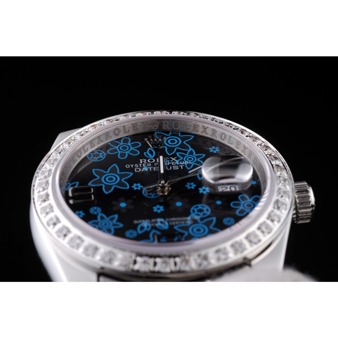 Rolex Datejust Polished Stainless Steel Dark Blue Flowers Dial Diamond Plated