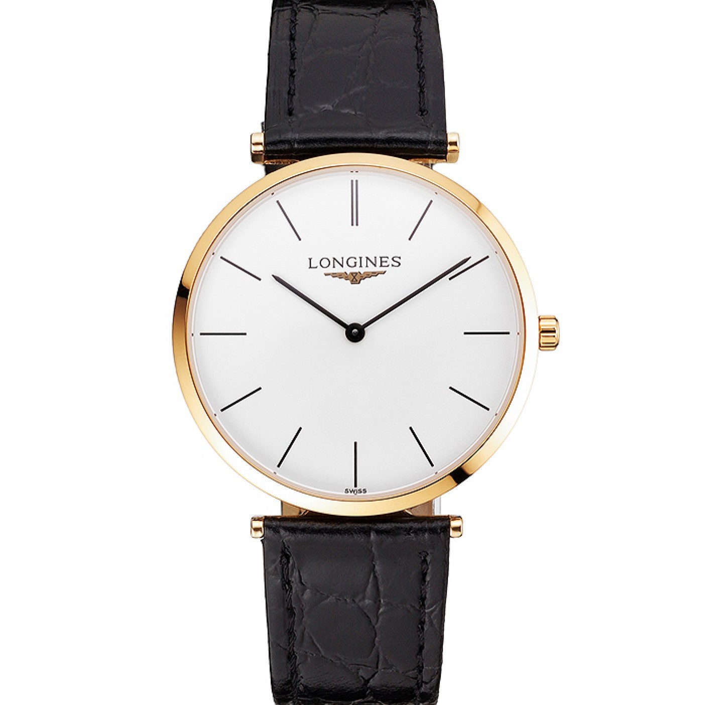 Swiss Longines Grande Classique White Dial Gold Case Black Leather Strap