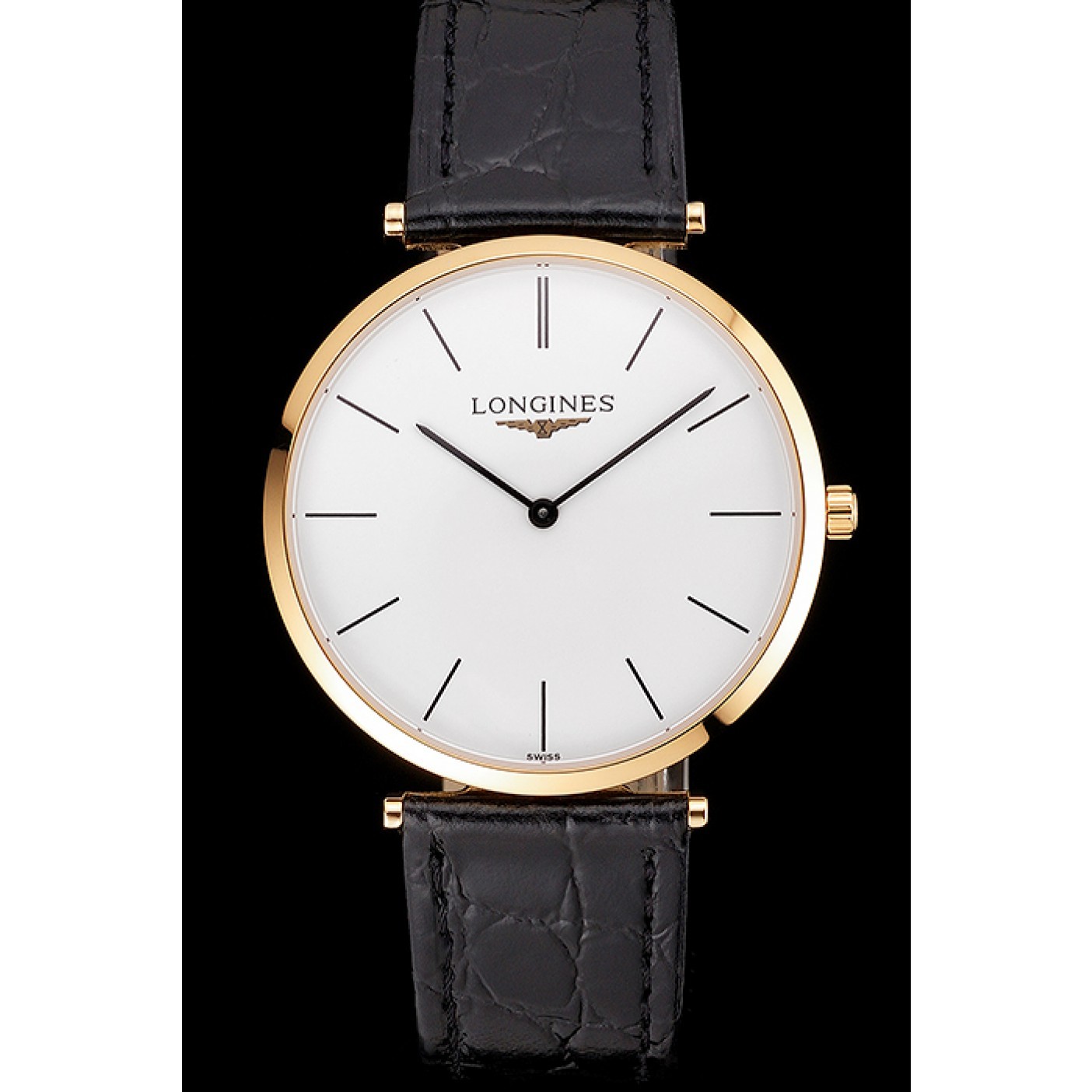 Swiss Longines Grande Classique White Dial Gold Case Black Leather Strap