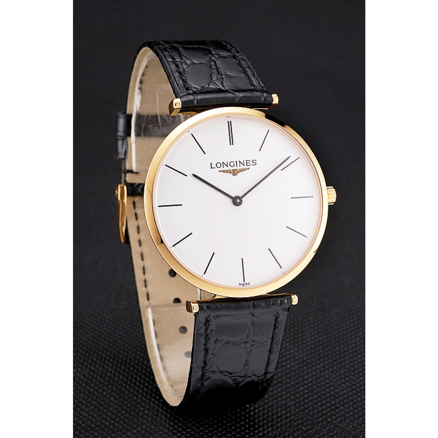 Swiss Longines Grande Classique White Dial Gold Case Black Leather Strap