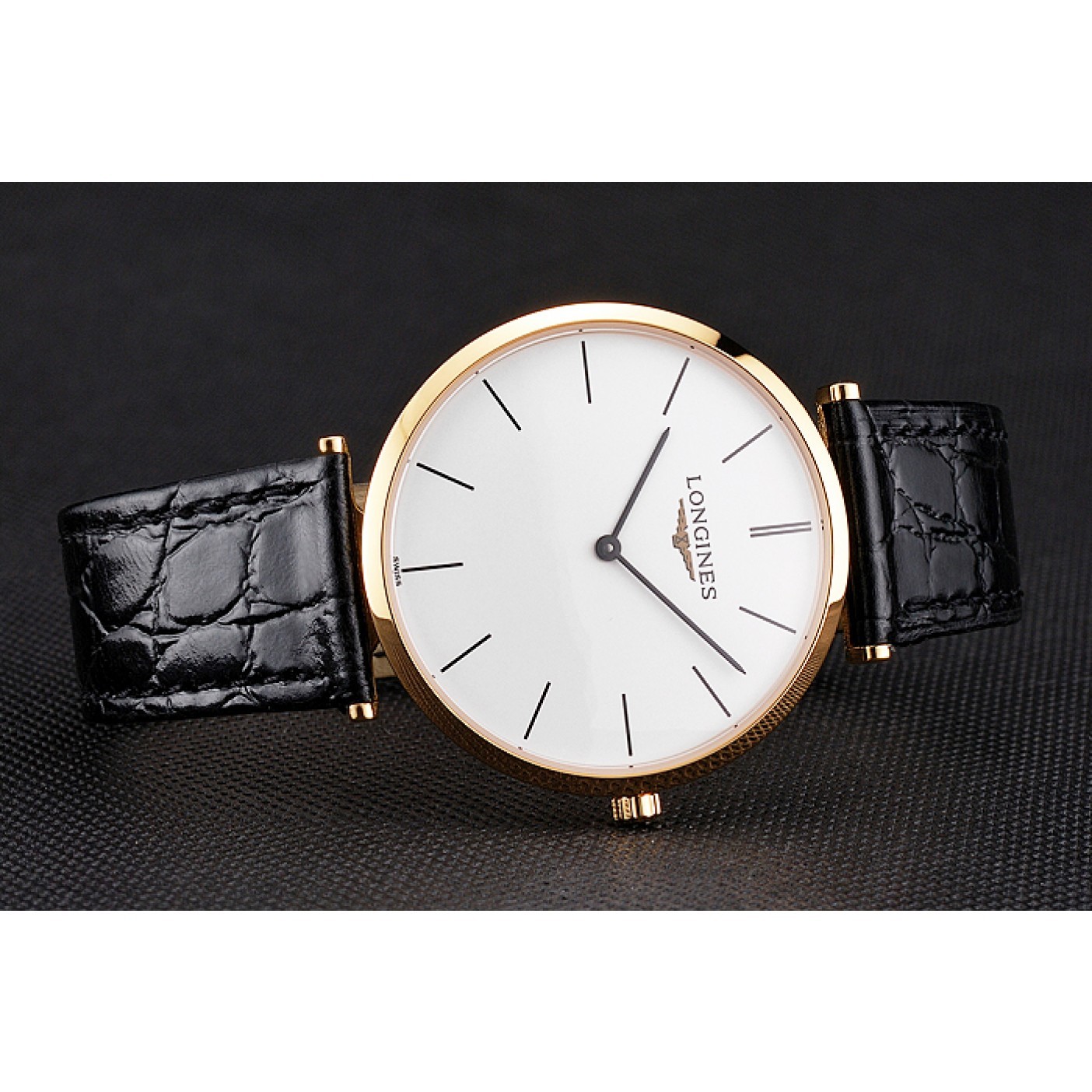 Swiss Longines Grande Classique White Dial Gold Case Black Leather Strap