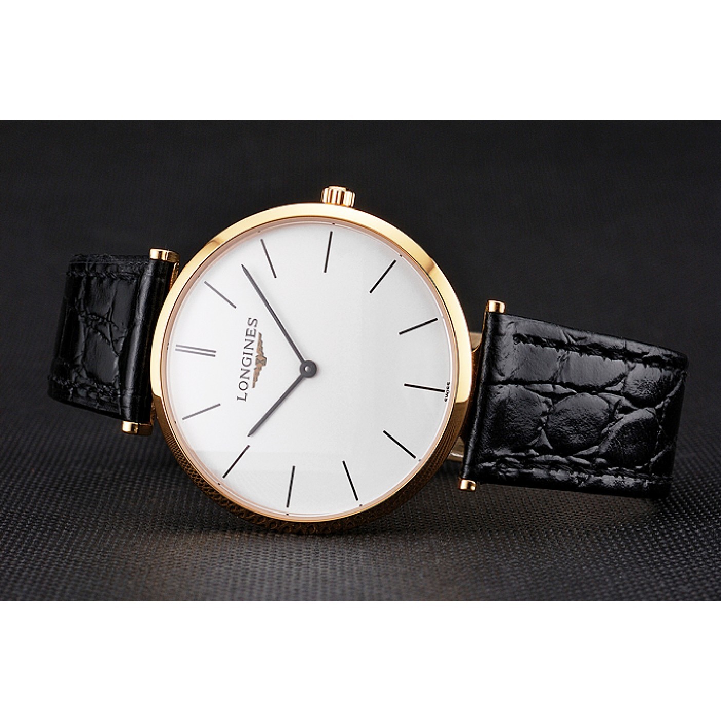 Swiss Longines Grande Classique White Dial Gold Case Black Leather Strap