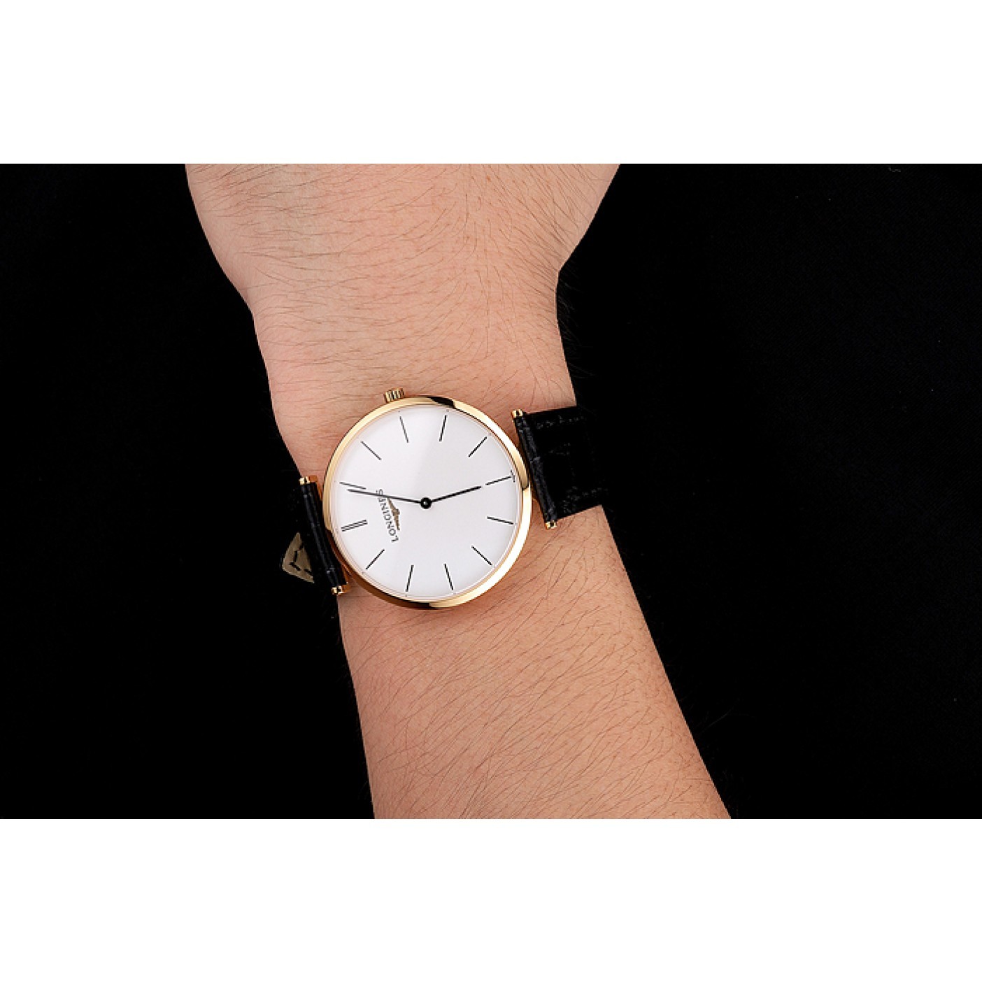 Swiss Longines Grande Classique White Dial Gold Case Black Leather Strap