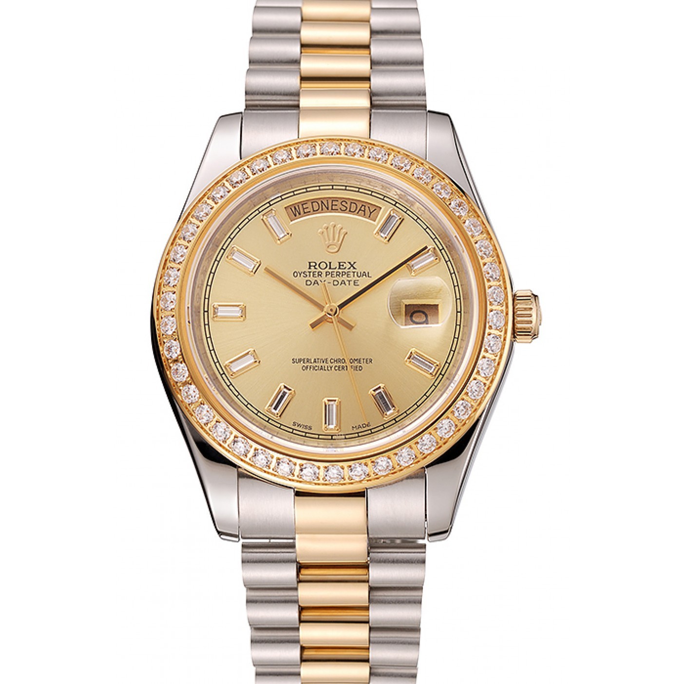 RepTime Watches Swiss Rolex Day-Date Champagne Dial Diamond Bezel Two Tone Bracelet 1454103