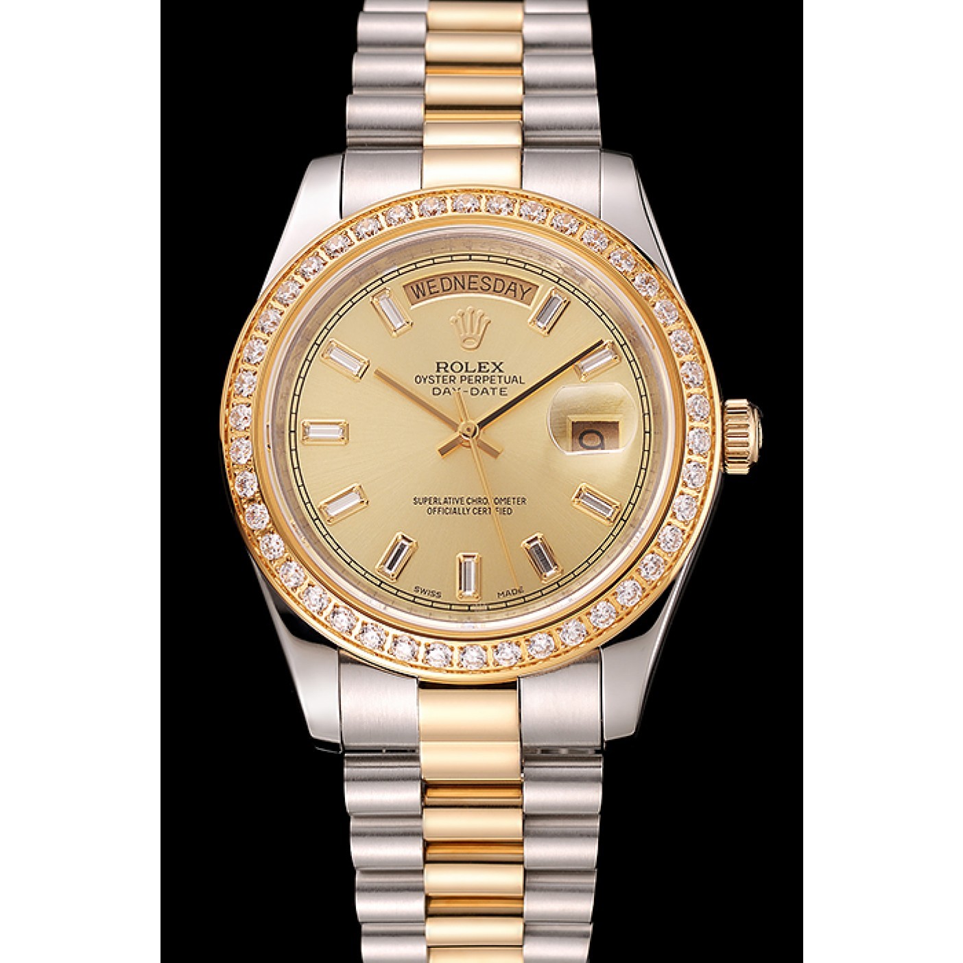 RepTime Watches Swiss Rolex Day-Date Champagne Dial Diamond Bezel Two Tone Bracelet 1454103