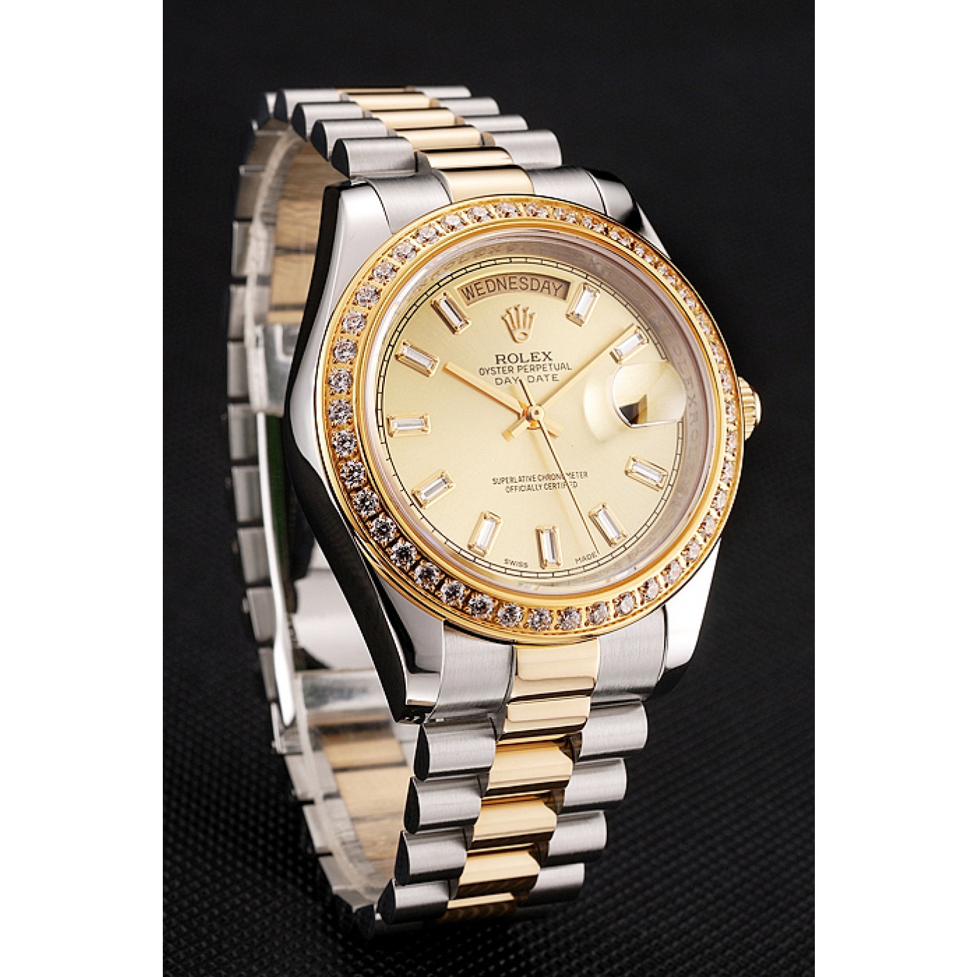 RepTime Watches Swiss Rolex Day-Date Champagne Dial Diamond Bezel Two Tone Bracelet 1454103