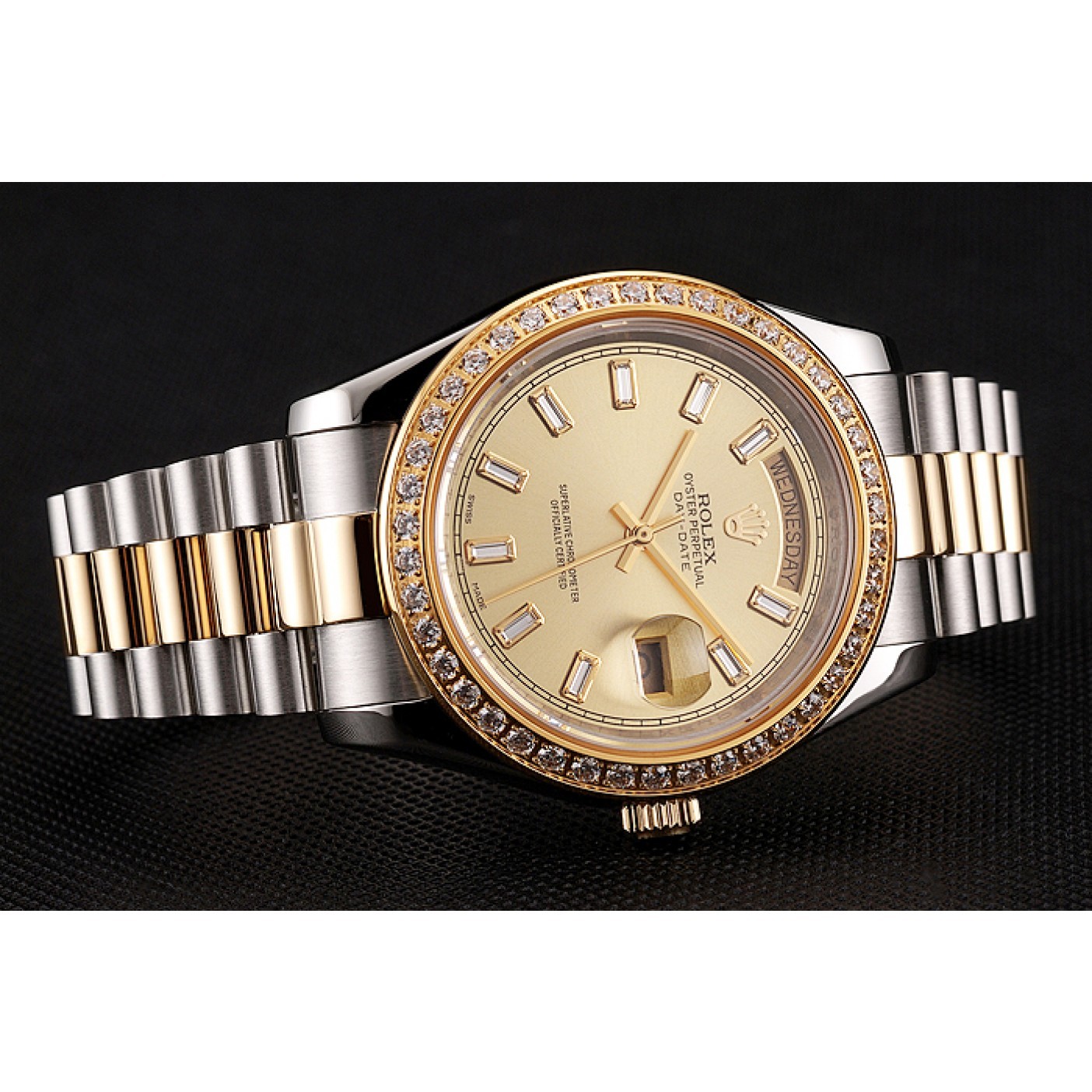 Swiss Rolex Day-Date Champagne Dial Diamond Bezel Two Tone Bracelet 1454103