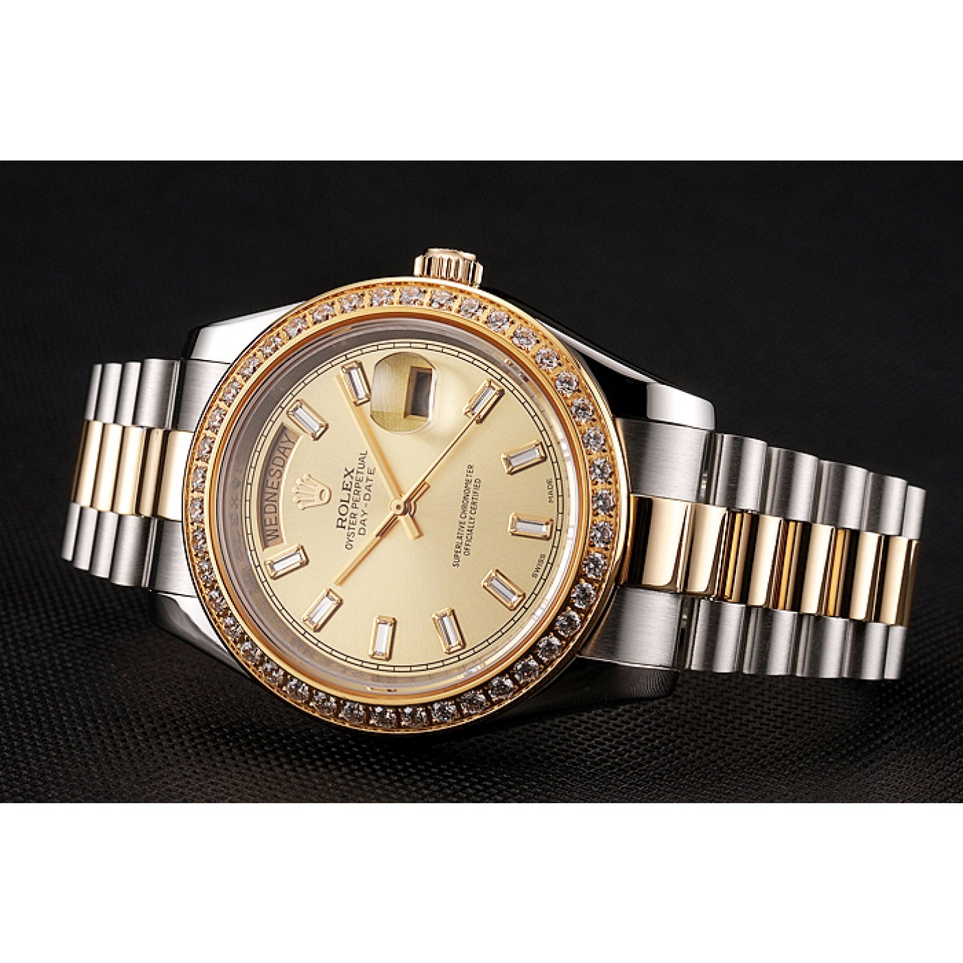 RepTime Watches Swiss Rolex Day-Date Champagne Dial Diamond Bezel Two Tone Bracelet 1454103