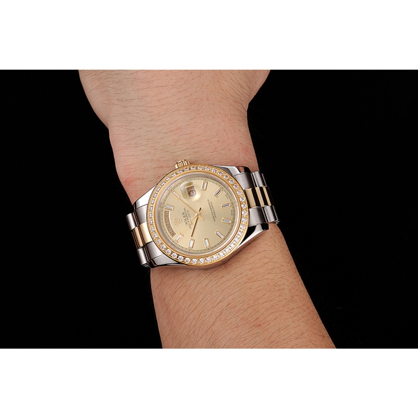 RepTime Watches Swiss Rolex Day-Date Champagne Dial Diamond Bezel Two Tone Bracelet 1454103