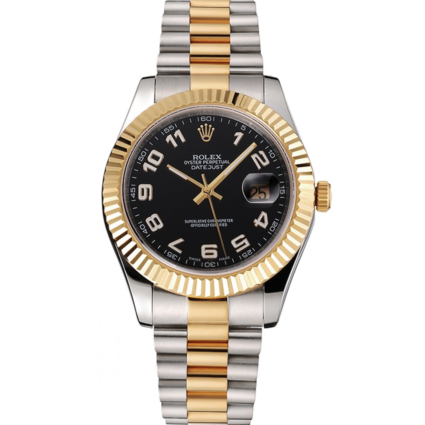 RepTime Watches Swiss Rolex Datejust Black Dial Gold Bezel Stainless Steel Case Two Tone Bracelet