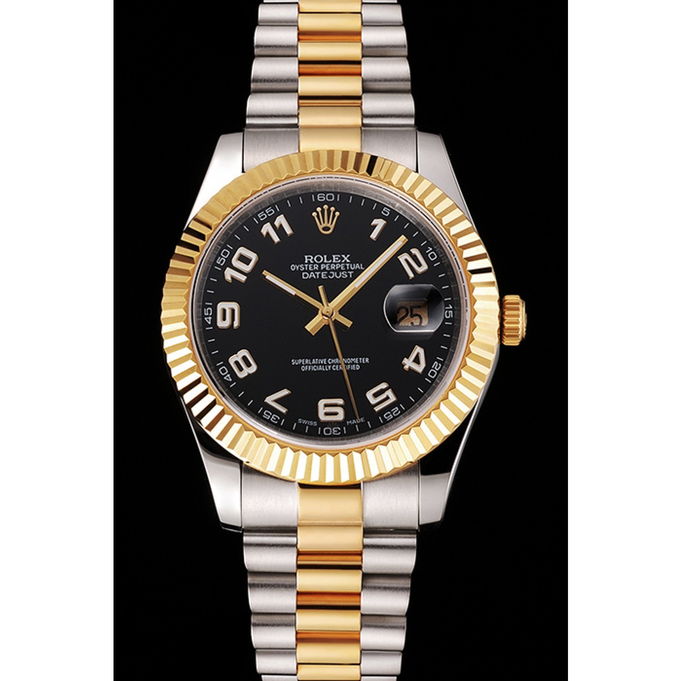 RepTime Watches Swiss Rolex Datejust Black Dial Gold Bezel Stainless Steel Case Two Tone Bracelet