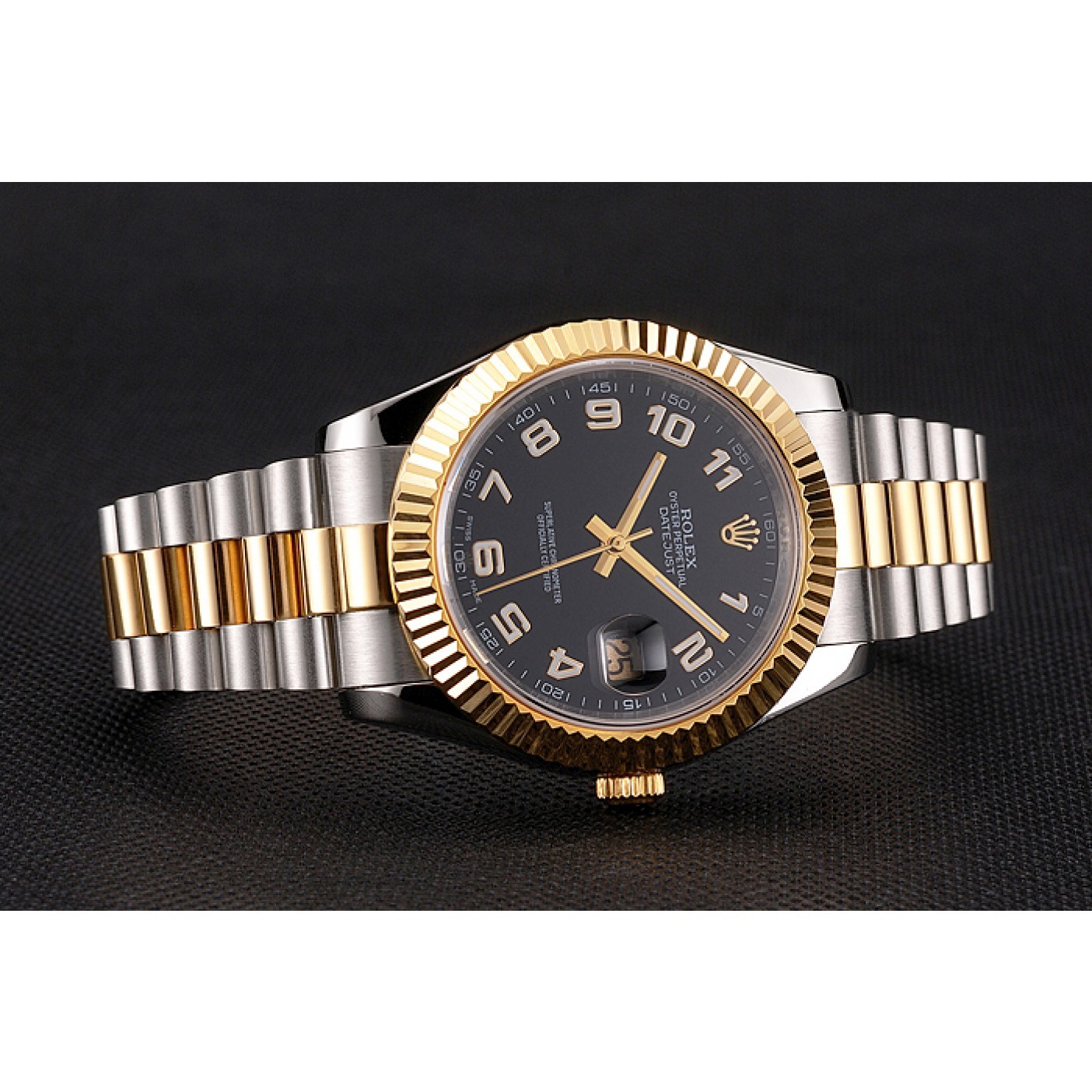 Swiss Rolex Datejust Black Dial Gold Bezel Stainless Steel Case Two Tone Bracelet