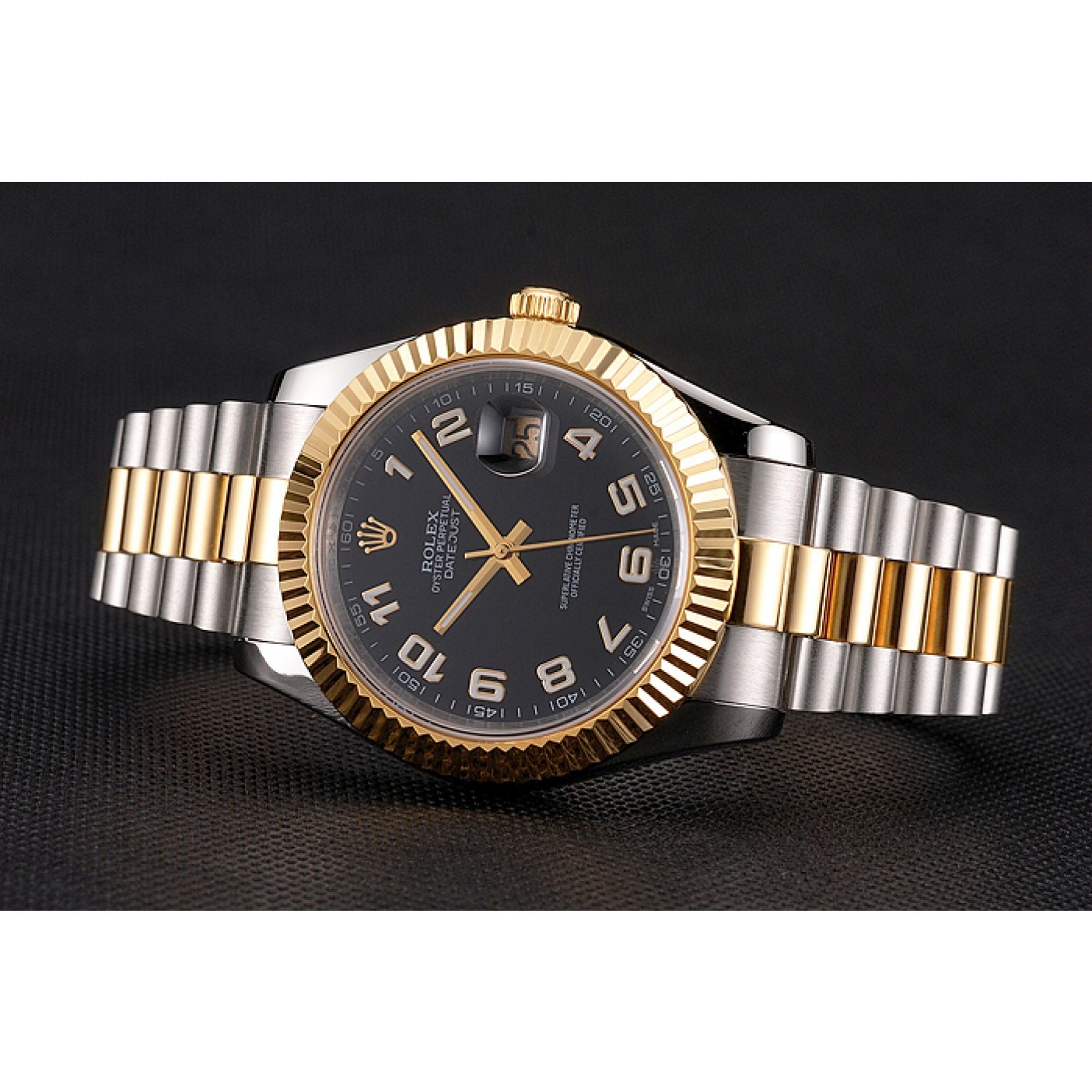 Swiss Rolex Datejust Black Dial Gold Bezel Stainless Steel Case Two Tone Bracelet