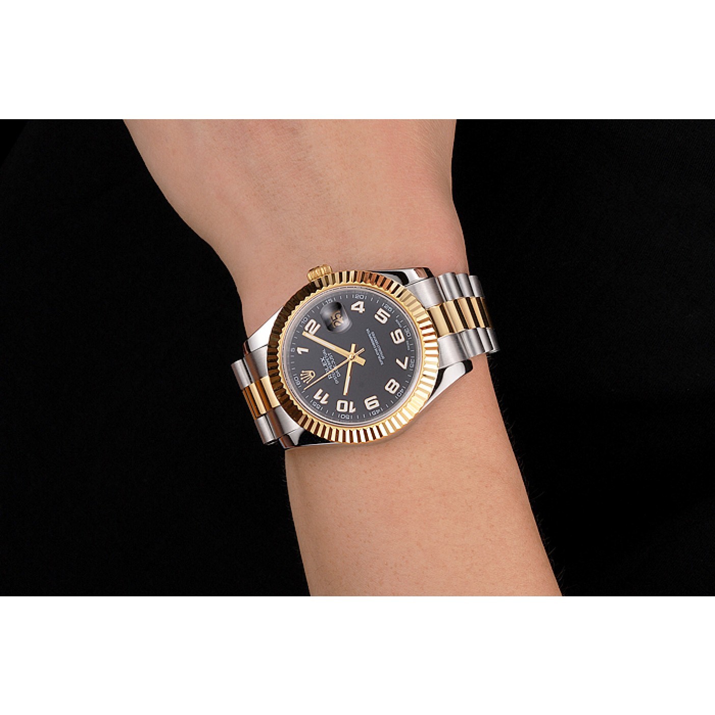 Swiss Rolex Datejust Black Dial Gold Bezel Stainless Steel Case Two Tone Bracelet