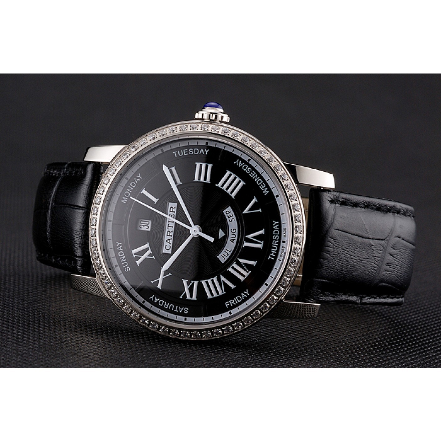 Swiss Cartier Ballon Bleu GMT Silver Dial Stainless Steel Case Black Leather Strap