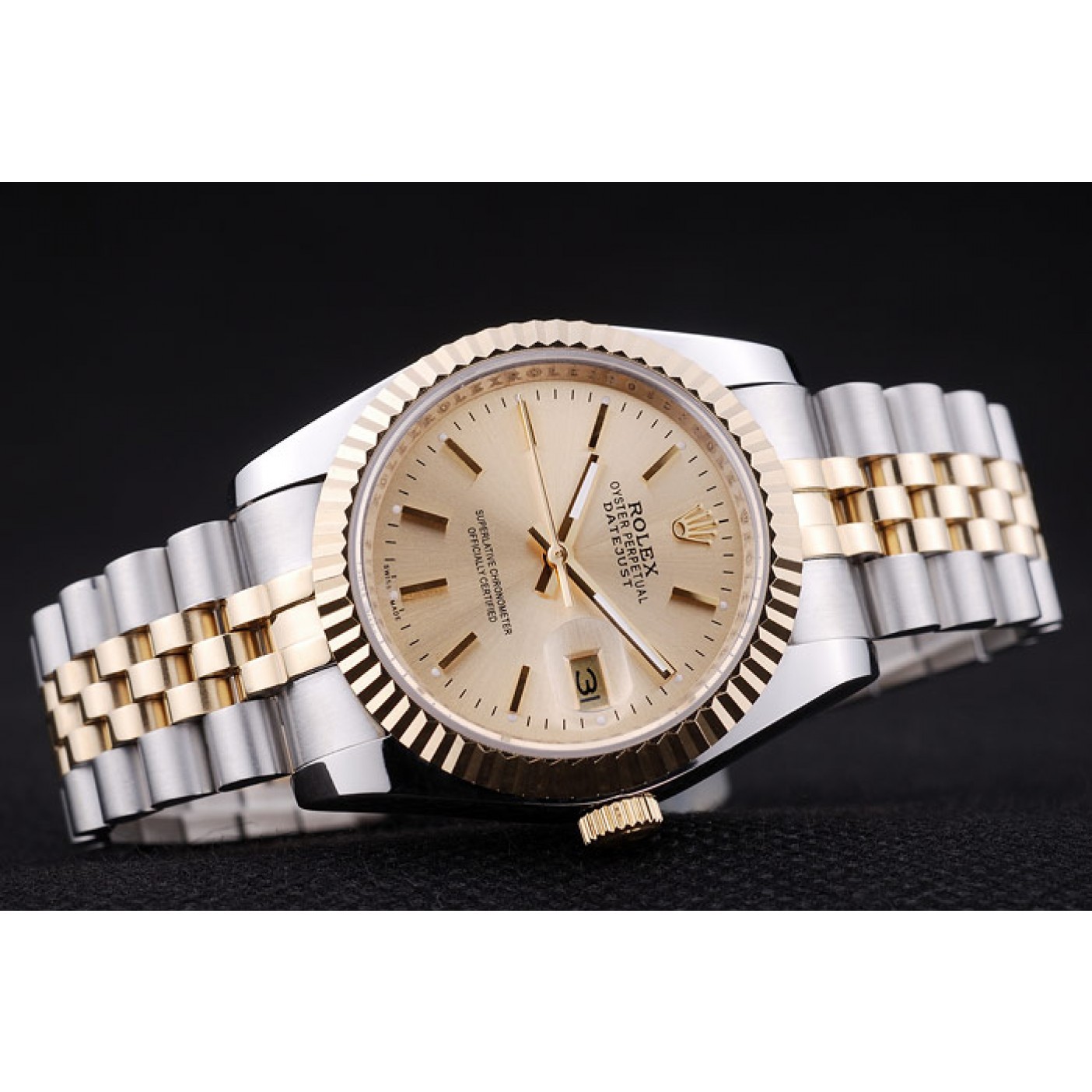 RepTime Watches Rolex Datejust Gold Dial Ribbed Bezel 7450