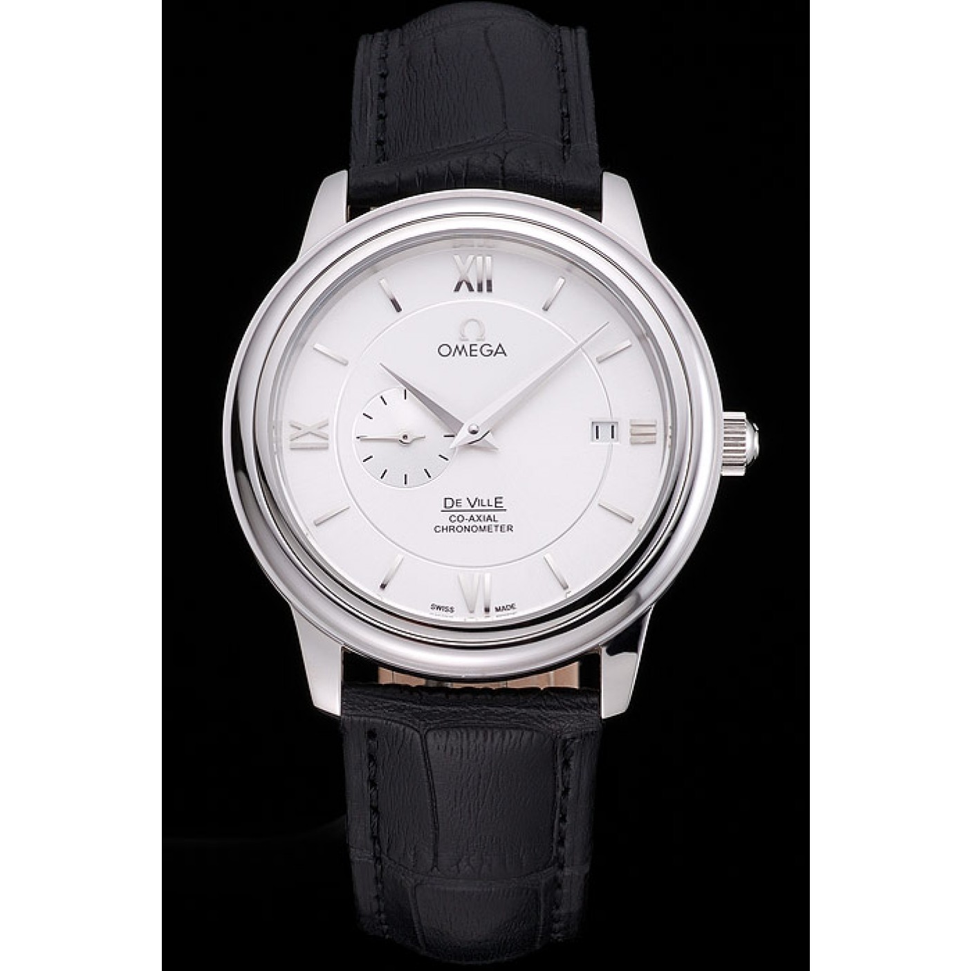 Omega De Ville Prstige Co-Axial White Dial Silver Case Black Leather Strap Roman Numeral