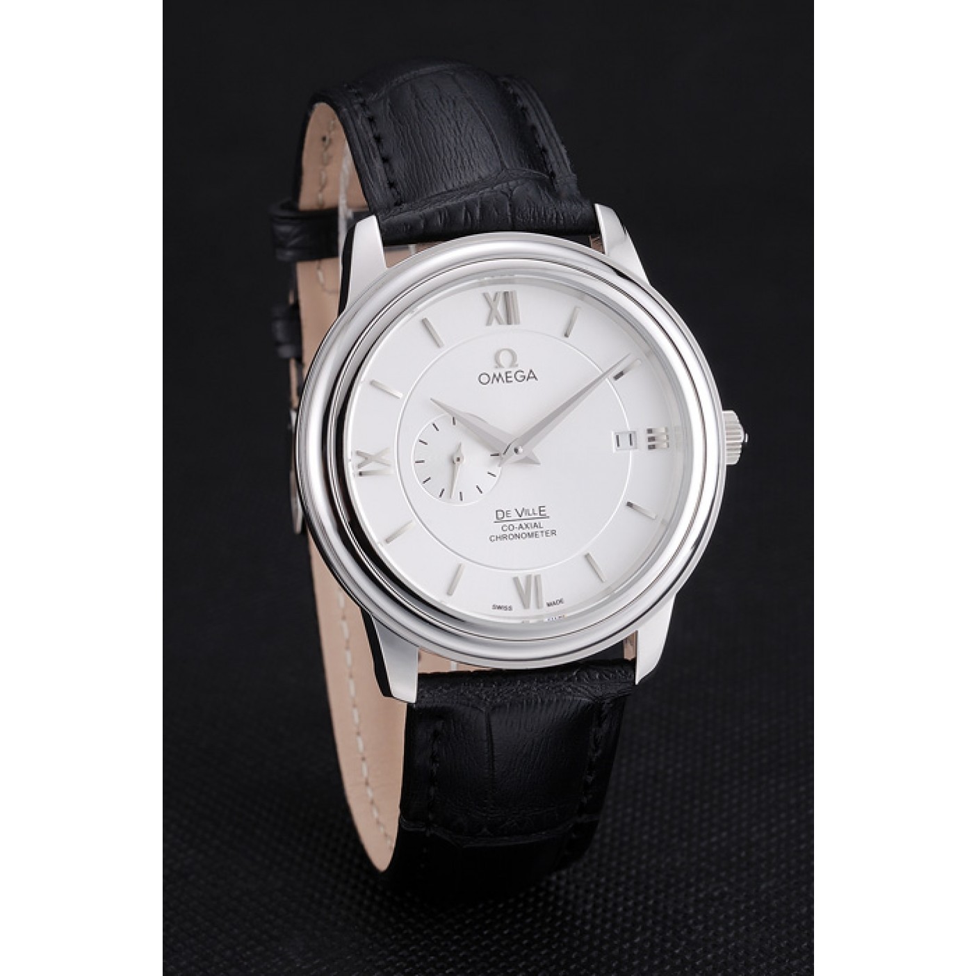 Omega De Ville Prstige Co-Axial White Dial Silver Case Black Leather Strap Roman Numeral