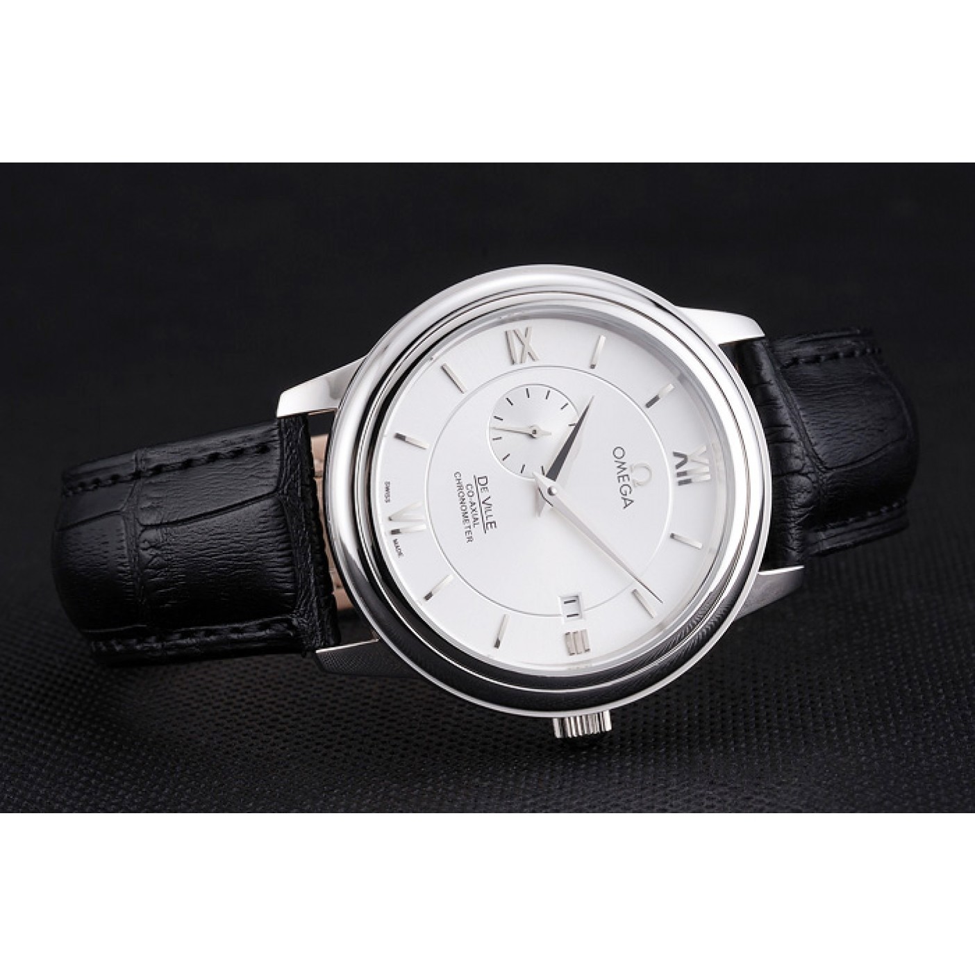 Omega De Ville Prstige Co-Axial White Dial Silver Case Black Leather Strap Roman Numeral