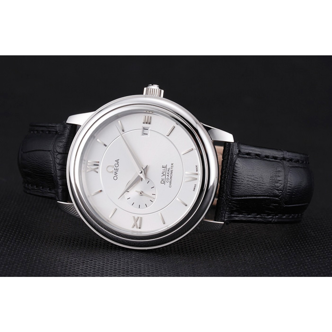 Omega De Ville Prstige Co-Axial White Dial Silver Case Black Leather Strap Roman Numeral