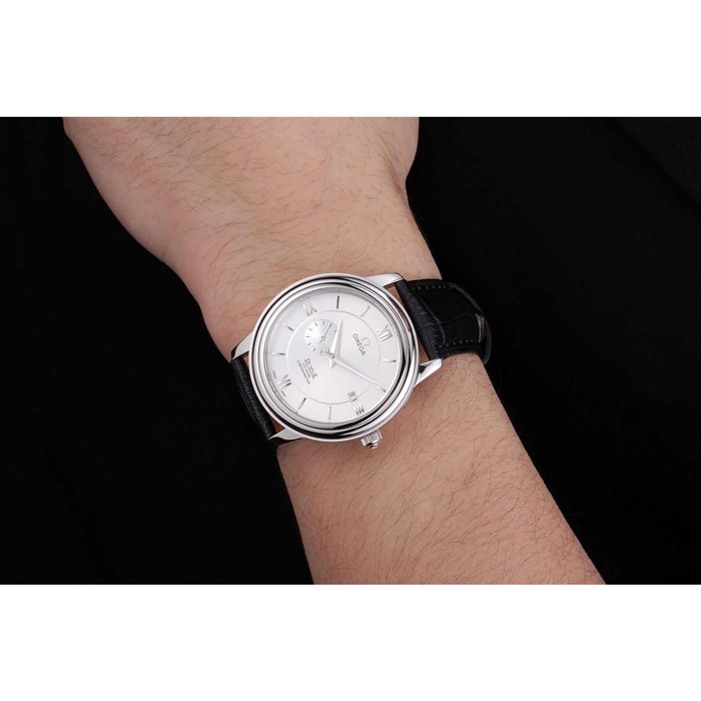 Omega De Ville Prstige Co-Axial White Dial Silver Case Black Leather Strap Roman Numeral